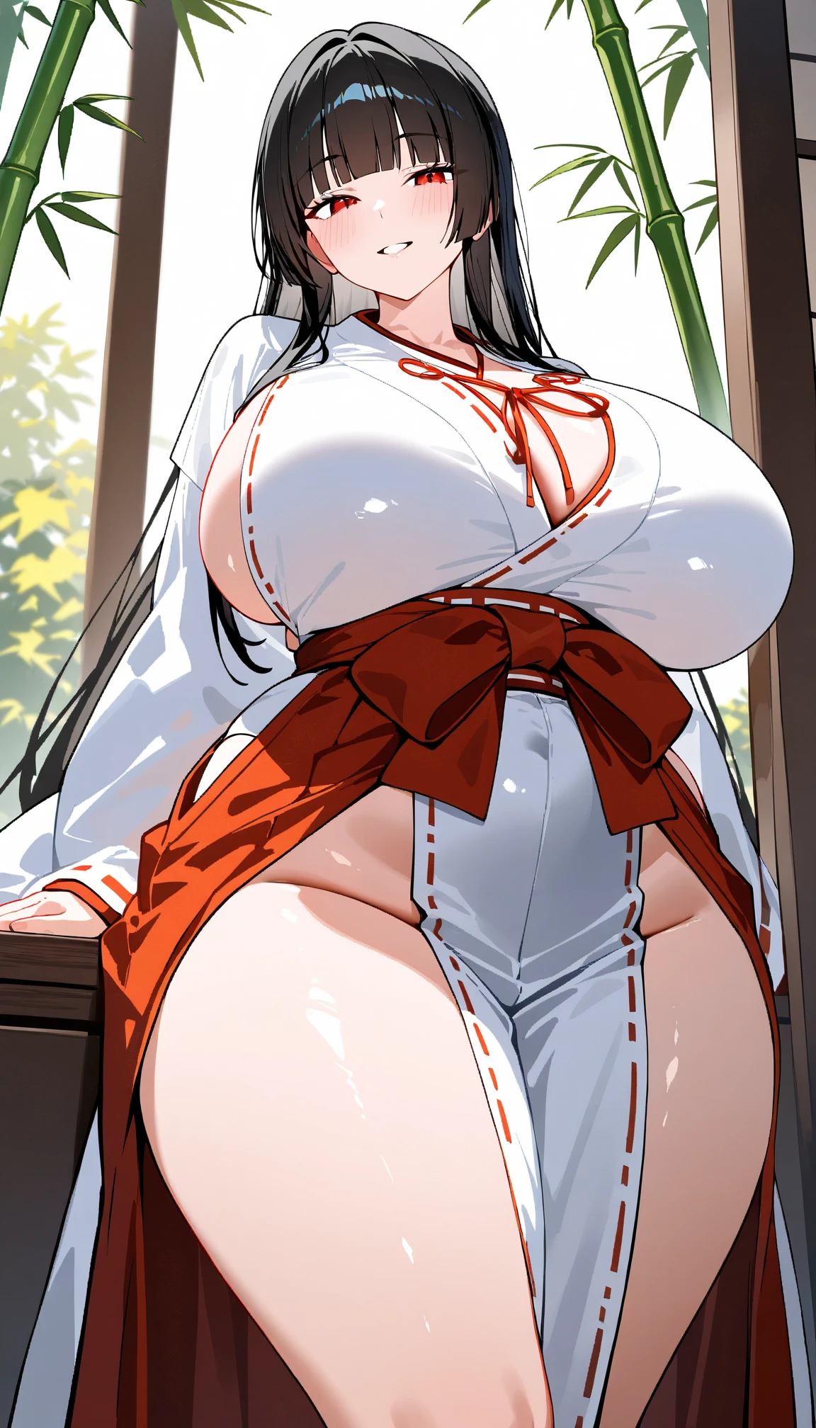 Girl in Japanese shrine maiden outfit, smile, Showing her breasts, (Huge breasts:1.6), Cleavage, (Black Hair), Super Long Hair, hair ornament, ribbon,White kimono, Shoulder-exposing sleeves, open-chested costume, Short skirt, Red Skirt, (upskirt), cameltoe,