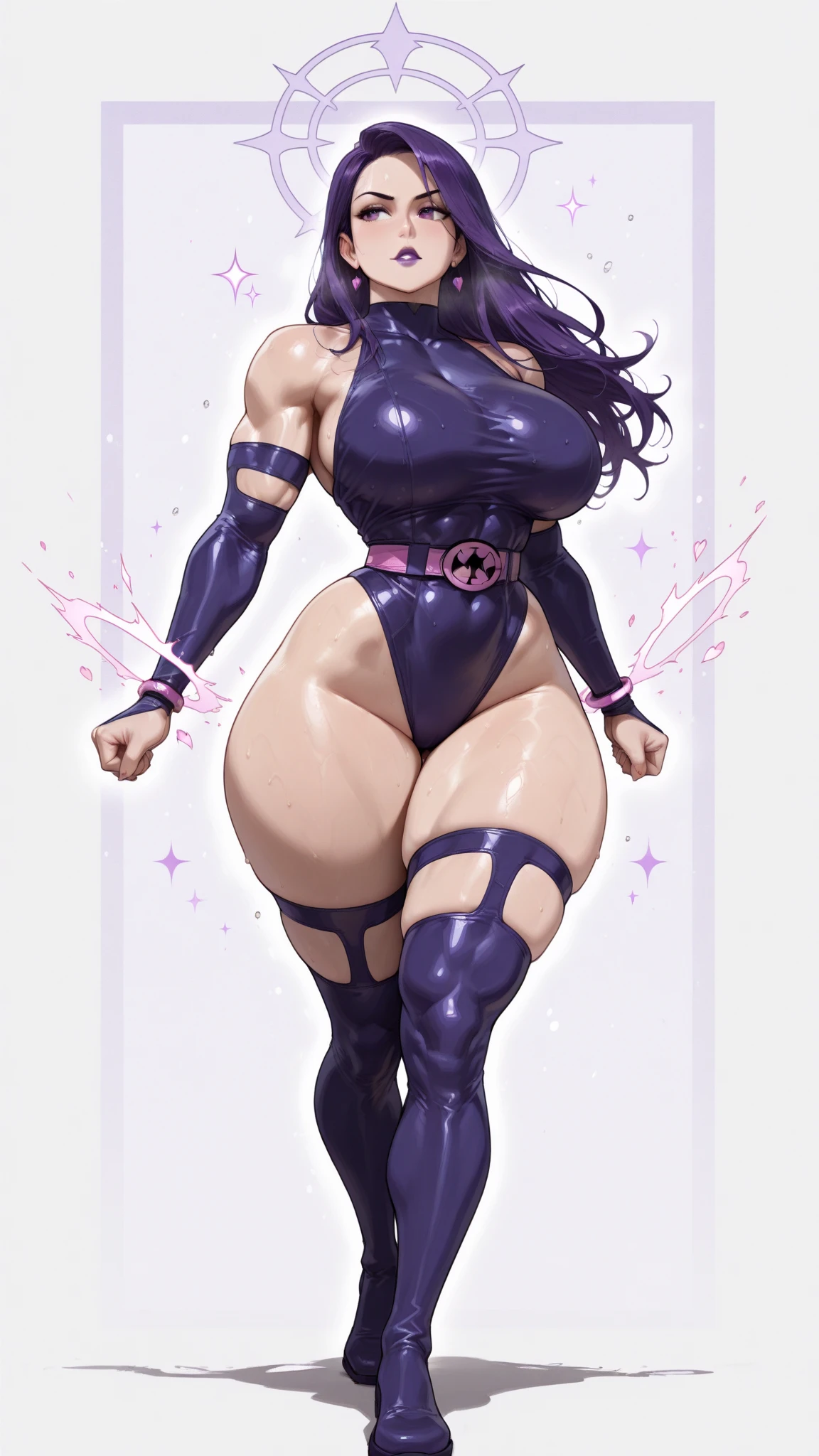 (solo:1.1),(masterpiece), (best quality:1.3),, highly detailed, intricate, professional art, digital art, absurdres, confidant, Blackfire, futanari Blackfire wearing an armored-leotard with pants and thigh-boots posing confidently in night-club, 1girl,(sadistic smirk) , solo,(slender build),(broad shoulders), (long sleeves), black hair, (purple eyes colour), (dark tanned skin:1.4), abs, wide hips, (aroused:1.2), (futanari:1.1), (makeup 1:1), (black lipstick:1.3), large penis, (huge crotch bulge:1.3), (Long crotch bulge:1.3), huge testicles, frontal view, universal lighting, small head,(Bubble Butt)