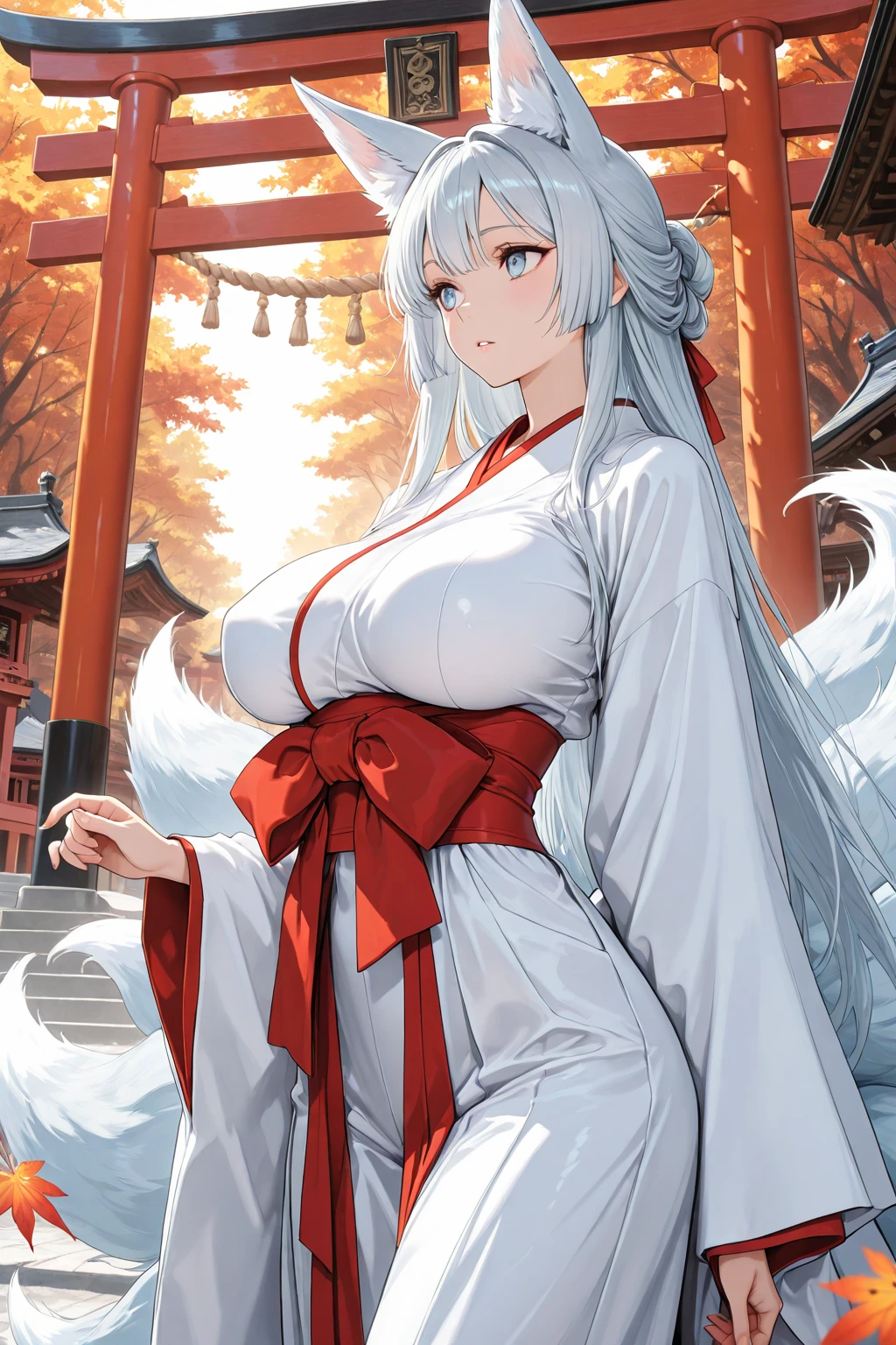 ((最high quality, 8K, masterpiece)), High resolution、（high quality: 1.5）、Very detailed、Detailed face、Bright colors、Natural light、Fine grain、Colorful eyes、Beautiful Face、非常にDetailed faceのテクスチャの女性,masterpiece, 最high quality, Detailed and beautiful eyes,最high quality、Best image quality、masterpiece,Shrine maiden,Big Breasts,Shrine maiden服,hakama,shrine,Fox ears,Fox Tail,Solemn,Main God,pray,(side view),side ,Silver Hair,Fox,mature female,smile,Just beautiful,masterpiece,最high quality、so beautiful,High resolution,1girl, 独奏,make up,smile,make,(masterpiece:1.2)、(最high quality:1.2)、Latest Glossy Skin