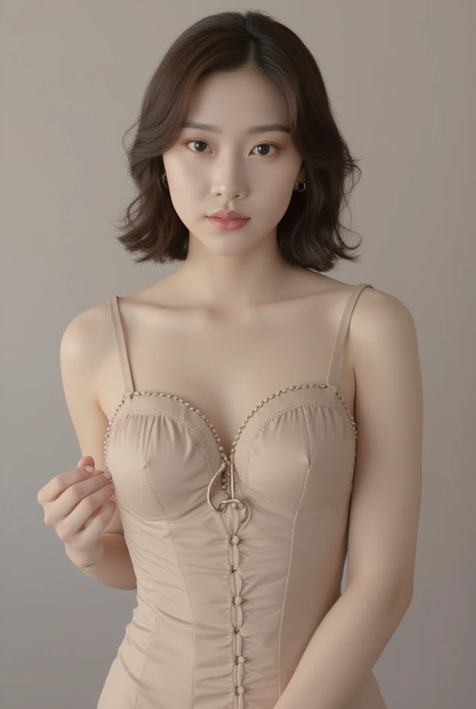Top image quality, 8K, masutepiece, studio shoot, White background, Japan Girl(sixteen years old), kawaii, 二重まぶた, thick eyebrow, 1 small mole next to the mouth, Upper body portrait, From above, ,BDSM,Slave,Black corset,shackle、pantiy,Woman with a rope around her neck,Cuffed,BDSM,bind,Put your arms behind your back,srestrained, Hairstyle Random,