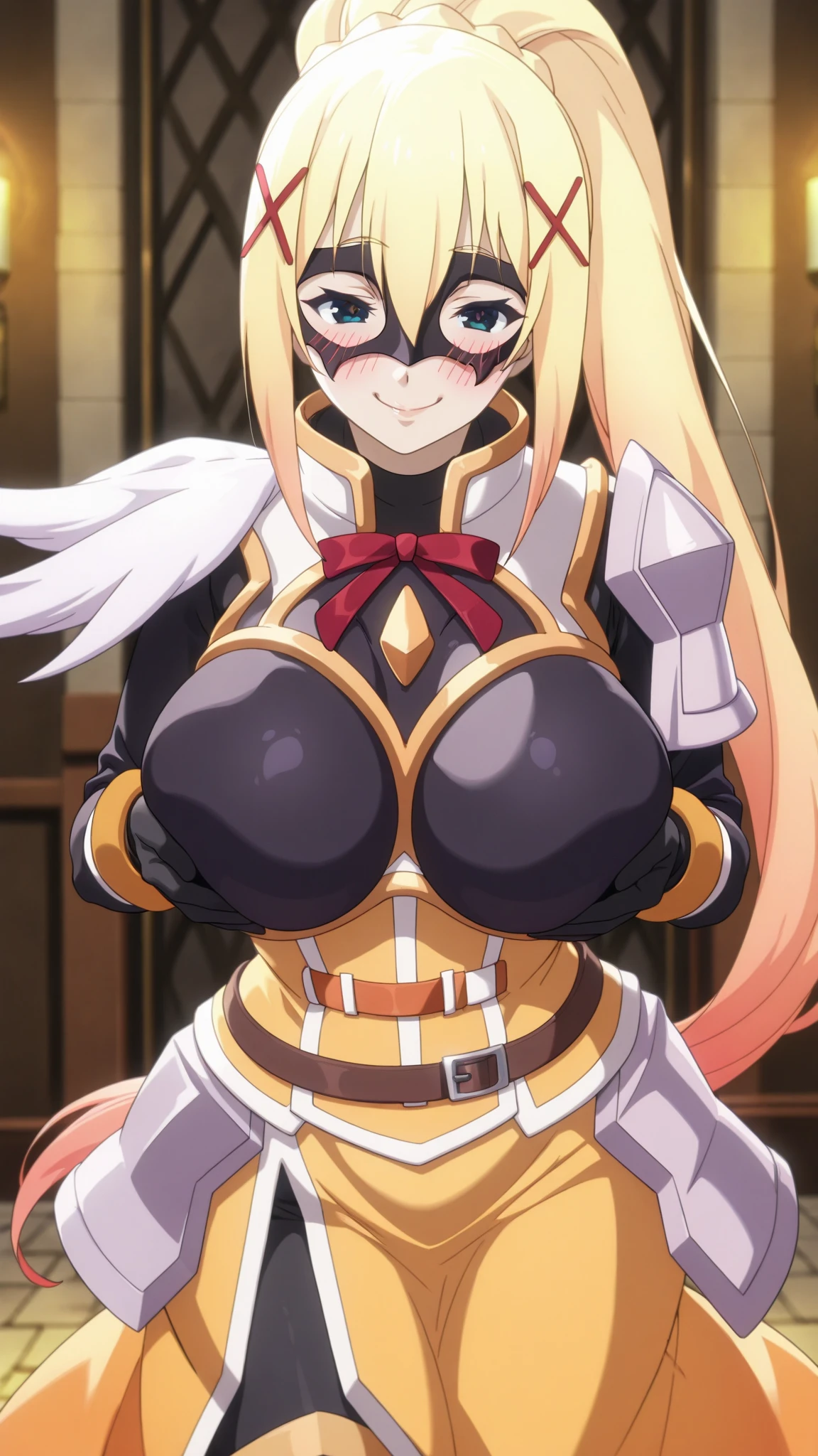 <lora:LalatinaV1:0.7> lalatinadustinessford, huge_breasts, standing, solo, Yellow_armored_dress_Boobplate_Pauldrons_Black_bodysuit_Faulds, starry_sky,, masterpiece, best quality, detailed face, detailed eyes, highres,