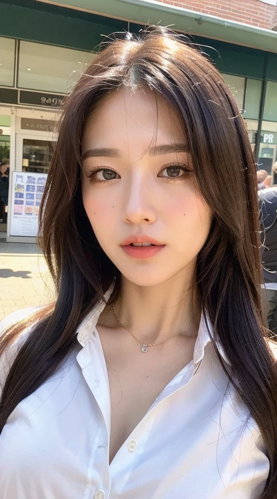 ((Highest quality、8k、masterpiece:1.3))、Sharp Focus:1.2、Beautiful woman with perfect body:1.4、Slim abdomen:1.2、((Layered Haircut、Big Breasts:1.2))、(No bra) (Small beautiful hard nipples) (Thin, damp buttons up to shirt length:1.1)、(rainで濡れた白いシャツ)、(rain、street:1.2)、Wet body:1.1、Highly detailed face and skin texture、  Detailed eyes、double eyelid、
