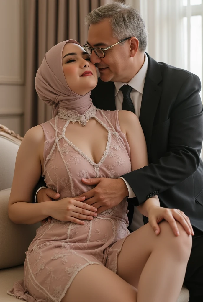 Sex intercourse A stylish and graceful young woman wearing a hijab from a privileged society, a pink hijab covering all the hair, her delicate face exudes beauty and posture, presenting herself in a luxurious silk dress, accompanied by intricate lace and fine embroidered portraits. Chest revealing dress reveals Beautiful breasts, braless, medium breasts, breasts with beads of sweat , Every careful brush stroke captures the essence of luxury, from the sparkling jewels adorning it to the intricate hairdo that frames her face perfectly. The image exudes an aura of wealth and status, transporting the spectacle into the glamorous world of high society. With a bald, black man hugging her from behind, without pants, his nose was kissing her neck