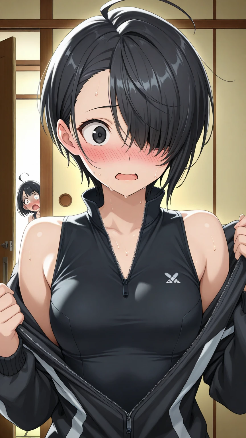 gesugaoをしながらtitfuckをするsasaki kanna, Yellow Tank Top, underboob, Sweat, Black hair twin tails, Guess face, smile, crazy Smile, 勝ち誇ったsmile, Her body is like that of a slender elementary school student, but her breasts are large., Sasaki Kanna squeezes this strong penis with visible veins between her breasts, Dim torture chamber, prison, 狂気じみたsmile, 凄まじいsmile, stick out your tongue and tease, pupils are small, Grab both breasts with both hands