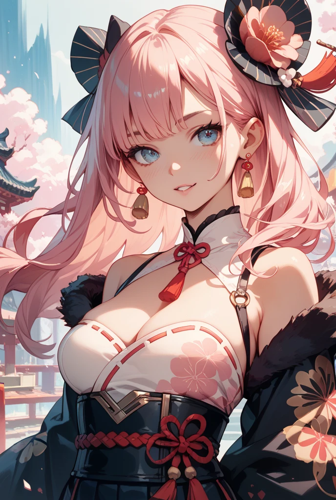 yae Miko, 1 girl, \n/, animal ears, bare shoulders, Blush, chest, cherry blossoms, gag, arms separated, earring, flower, fox ears, gem, hair between the eyes, decorationsผม, Raise your hand, Japanese clothes, decorations, kimono, long hair, look at viewer, medium chest, Miko, nontraditional Miko, pink eyes, pink flower, pink hair, purple gemstone, short kimono, Side lock, smile, alone, upper body, white kimono, ((Masterpiece))