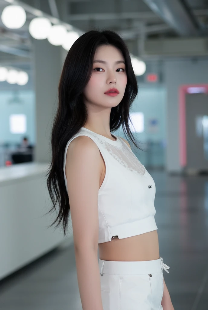 nikon RAW photo,8 k,Fujifilm XT3,close up photo, masterpiece, best quality, 1girl,solo,realistic, photorealistic, (extremely detailed face), looking at viewer,  ultra-detailed eyes and pupils, ultra detailed, high ponytail, serious expression, standing against a city skyline at night, business suits,shirts,Suit skirt, ((abs)), <lora:isalorashy:1>
