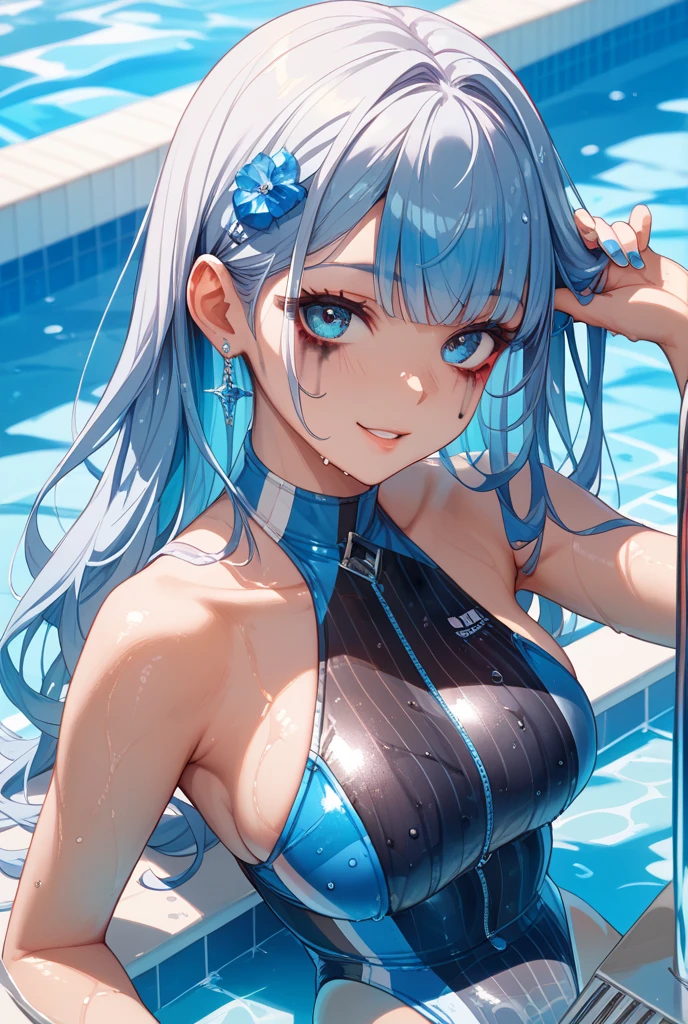 Beautiful fece, masterpiece, top-quality, hiqcgbody, animesque, 1girl in, Medium chest, The bikini, Transparent transparent black swimsuit, portrait shot, Look at viewers, Partially submerged, Outdoor pool, (silber hair),(Feline ears),poneyTail,wetted skin, intricate detailes,>,((coverd)