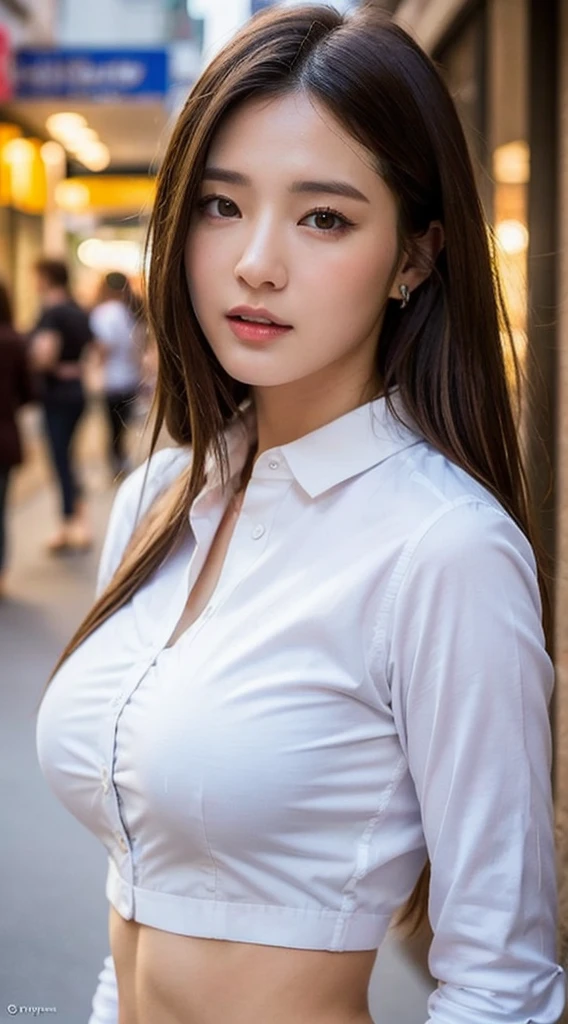 ((highest quality、8k、masterpiece：1.3))、Sharp focus：1.2、Beautiful woman with perfect style：1.4、Slim Abs：1.2、((Dark brown hair、Huge boobs：1.2))、(Natural soft light、City Street:1.1)、Highly detailed face and skin texture、Detailed eyes、double eyelid、Sexy secretary in a tight mile、Open shirt、Sexy Costumes
