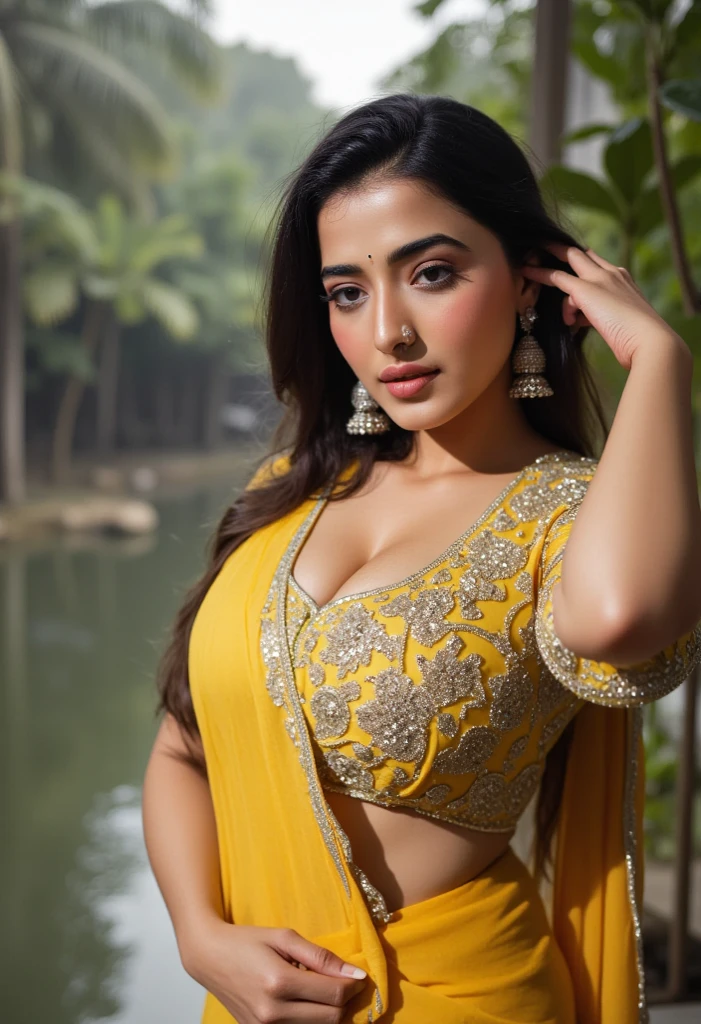 "Generate an image of Marina, a 25-year-old modern Indian influencer, in a realistic outdoor setting. She is wearing a mustard yellow kurti with intricate gold embroidery along the neckline and sleeve cuffs. The kurti has a deep V-neckline, emphasizing her enhanced bust size. Her hair is styled in long, loose waves, cascading over her shoulders. Marina is accessorized with large, traditional gold earrings that complement her outfit. She is smiling warmly, exuding confidence and grace. The background is a lush, green park with trees, adding a natural and serene ambiance to the image."