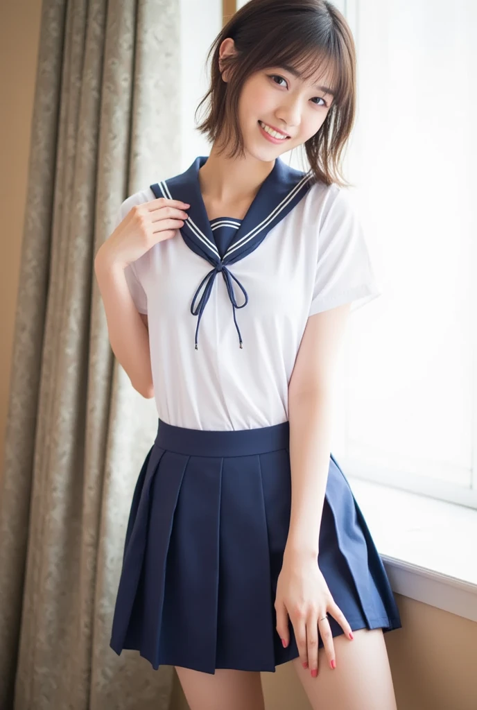 ((wearing white Japanese summer high-school uniform's shirt and navy-blue Japanese summer high-school uniform's pleated skirt over yellow bikini-pants):1.3), Best-quality, Masterpiece, Ultra-High-Resolution, (Photorealistic:1.4), Raw Photo, depth of field, professional lighting, perfect anatomy, extremely details, 1girl, the most famous Japanese idol, sitting on stairs, ((extremely cute face, (((extremely cute and extremely big eyes))), extremely beautiful short-cut-haired, extremely beautiful skins)), realistic skin texture, extremely beautiful thighs, innocent-smile