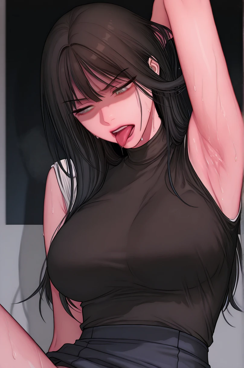 _asura style, 1girl, breasts, cleavage, large_breasts, solo, blush, long_hair, sweat, black_nails, tank_top, sitting, black_hair, looking_at_viewer, smile, shirt_pull, white_tank_top, clothes_pull, nail_polish, finger_to_mouth, parted_lips, jewelry, ring, brown_eyes, collarbone, yellow_eyes, bare_shoulders