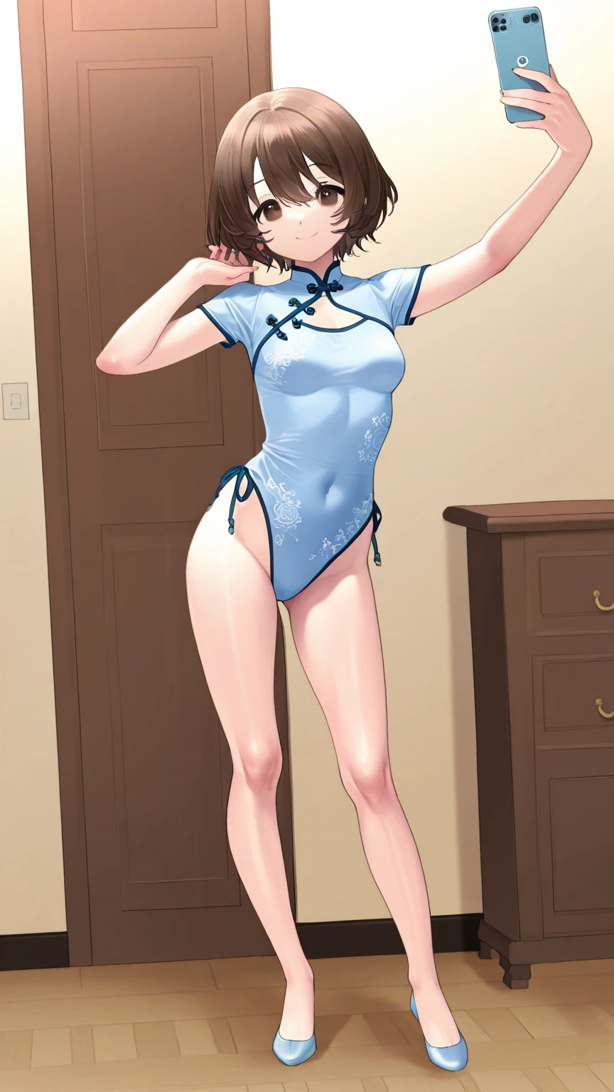 (high resolution, pixel perfect, realistic, gorgeous illustrations), (hyper quality, muste piece, etheric: 1.4), (solo, 1girl), ((brown hair ,short hair, blue eyes)), (((((((stand,open legs)))))), cool atmosphere, ((Exquisite face)), fighter, ((((china dress)))), (leotard), ((cameltoe)), lewd woman, shiny skin, gleaming skin, sweat, simple background,