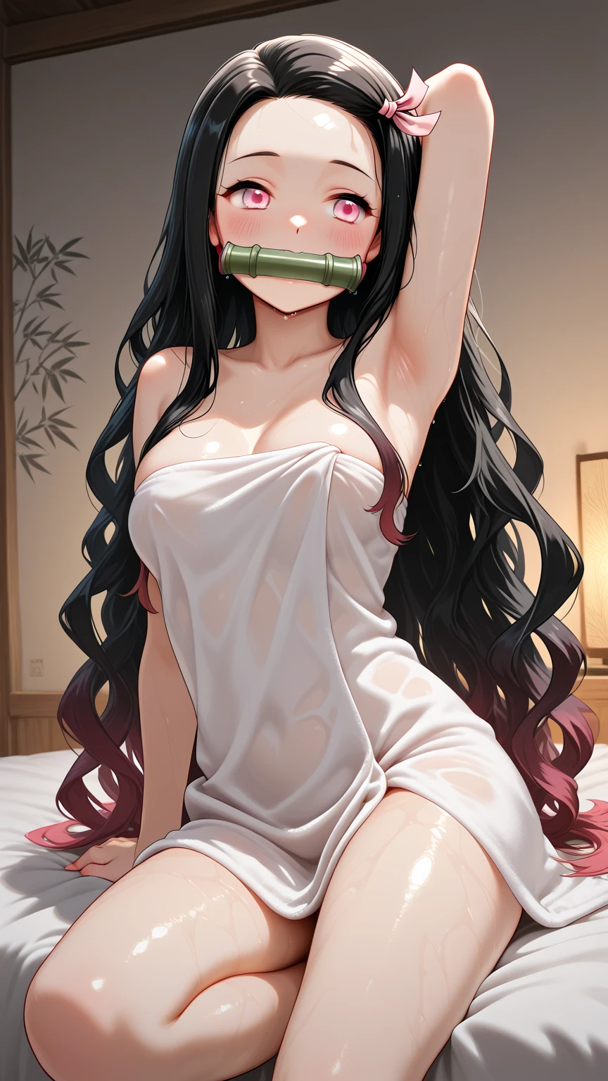 (Masterpiece:1.2, high quality), (pixiv:1.4), (1girl:1.2), (solo:1.2), (embarrassed), (Kamado nezuko), bit gag, bamboo, bangs, wavy hair, pink ribbon, crystal pink eyes, (detailed eyes), black eyeshadow, (blush:1.2), black lingerie, g-string thong, sexy attire, (beautiful round breasts:1.2), collarbone, exposed cleavage, seductive look, lying on bed, beautiful thighs, slim waist, waistline, detailed pubic area, intrinsic details, ultra-detailed, blurry background, highly focused face, high resolution, (detailed face), vivid colors, red bedsheet, (top view), aesthetic indoors, professional photography, artistic details, ultra HD