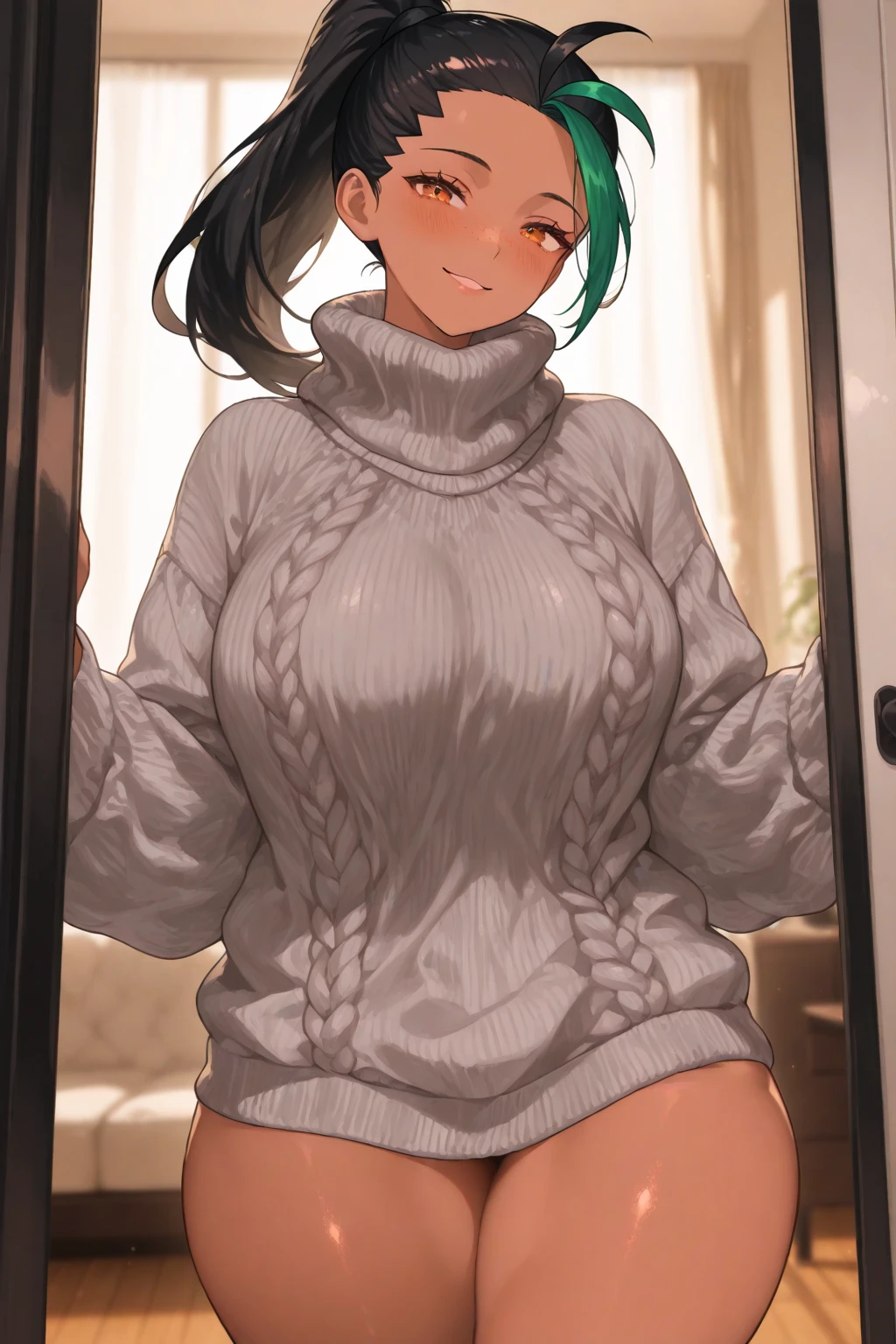 (Highest quality、Masterpiece、Very detailed、8K)、One Woman、18-year-old、arm、Gray Hair、Thighs、Sideboob、Big Breasts、(Virgin-killing sweater)、(stand)、(Angle from the front)、((No panties))