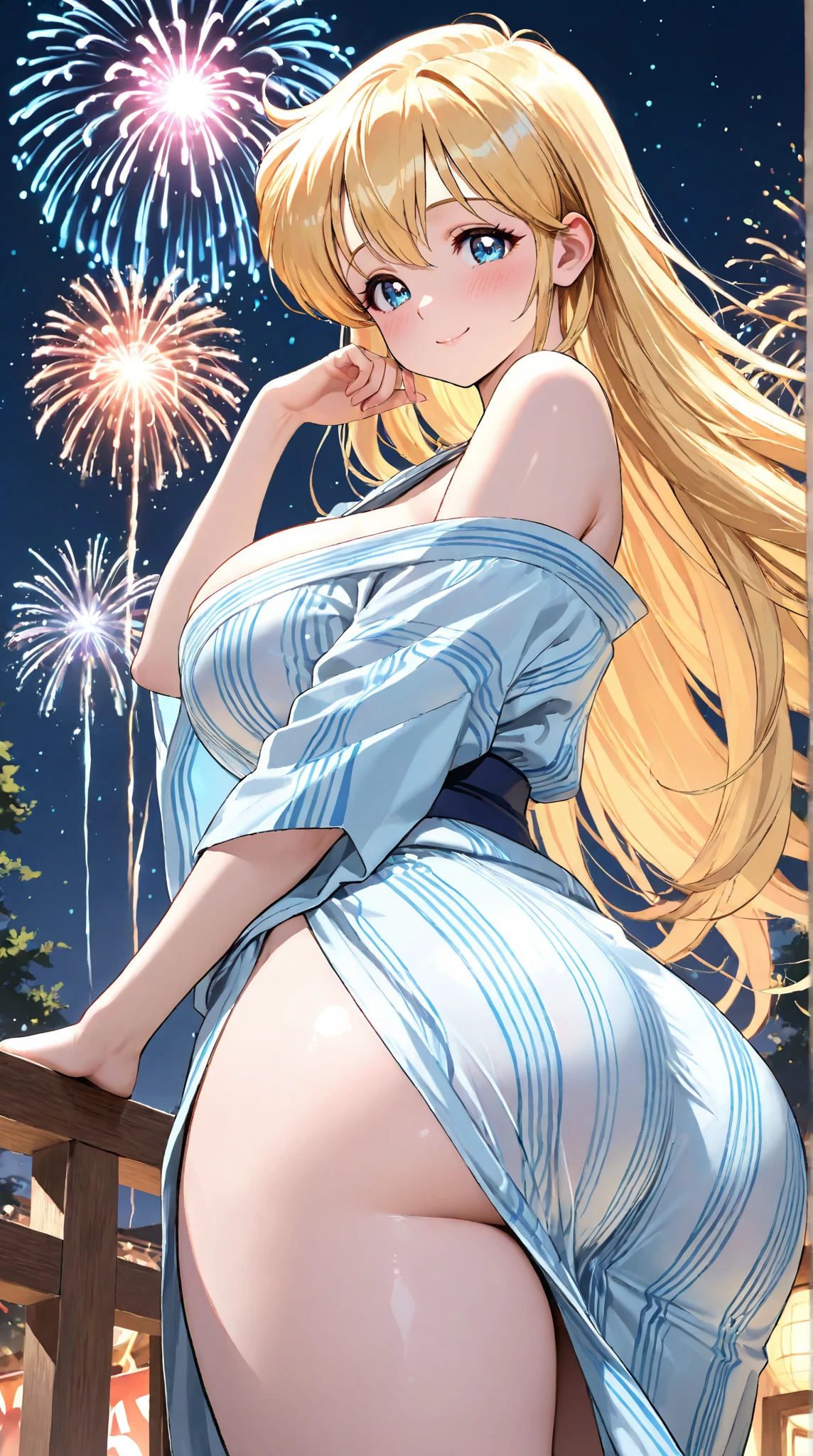 1girl,animal ears,blonde hair,ahoge,emerald green eyes,masterpiece,small breasts,pupils,no text,anime coloring,best quality,uncensored,very aesthetic,anime,ultra detailed,8k,(realistic:0.8),highly detailed,physics-based rendering,dynamic angle,(official art:0.8),detailed face,detail body,realistic skin,(beautiful eyes:1.1),detail eyes,girl,bishoujo,(flat chest:0.9),extremely detailed,(pastel),8k cg wallpaper,stunning art,absurdres,a lady,very beautiful face,beautiful hair,fluttering hair,yukata,bent over,grabbed handrail,look back,nsfw,POV,(hetero),(motion blur of intense sex from behind:1.3),doggy style,vaginal penis,(orgasm),open mouth,fireworks,viewer is standing,cowboy shot,from above,at higher place of mountain
