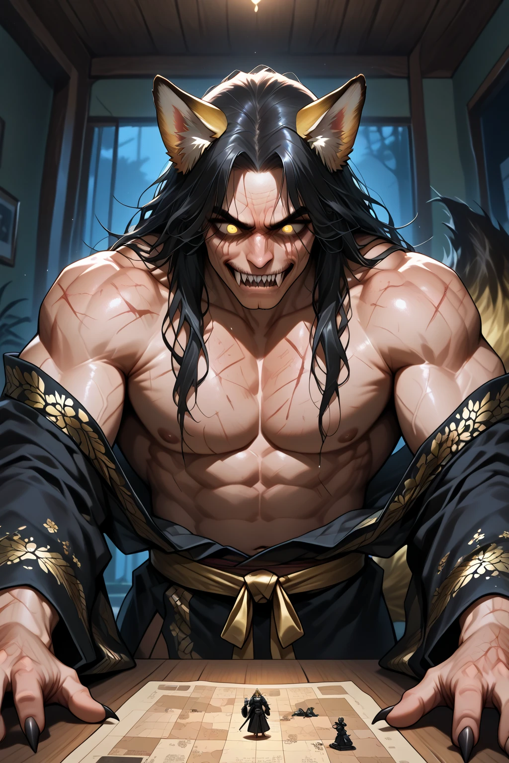 Inosuke, the fierce man character from "Kimetsu no Yaiba," emerges in an indomitable scene, wielding two swords with astonishing realism. The dense forest surrounds it, its details meticulously portrayed, creating an immersive and realistic setting. Wearing a boar mask, Inosuke holds a sword in each hand, showing off his exceptional skill and agility. His serious countenance exudes an expression of intense anger, his eyes shining with a burning determination as he strikes a formidable pose. Prepared to go into combat, his wild spirit is palpable, ready to face any opponent who dares to cross his path, shirtless, with some animal's coat tied to his waist, highlighting the ultra realistic forest, ultra realistic model --auto --s2