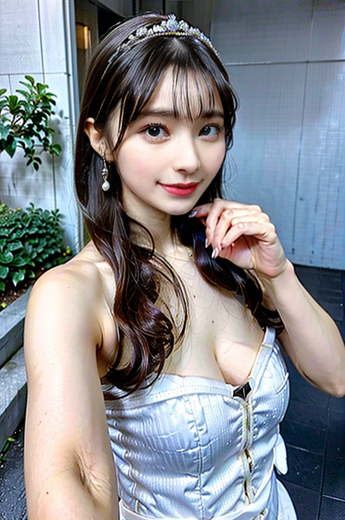 8K、Raw photography、top-quality、​masterpiece、realisitic、eye glassをかけている丸顔美人、Photorealsitic、メタルフレーム eye glass、 maid beauty、まるeye glass、A woman wearing lilac crosslaid posing on a street corner、1 persons、独奏、(huge tight cat litter、outside of house、sleeveless dresses、Luxury、eye glass、length hair、Beautiful detailed sky、earring beautiful、 Upper bust、cleavage of the breast、Soft lighting、the wind、shinny skin、Look at viewers