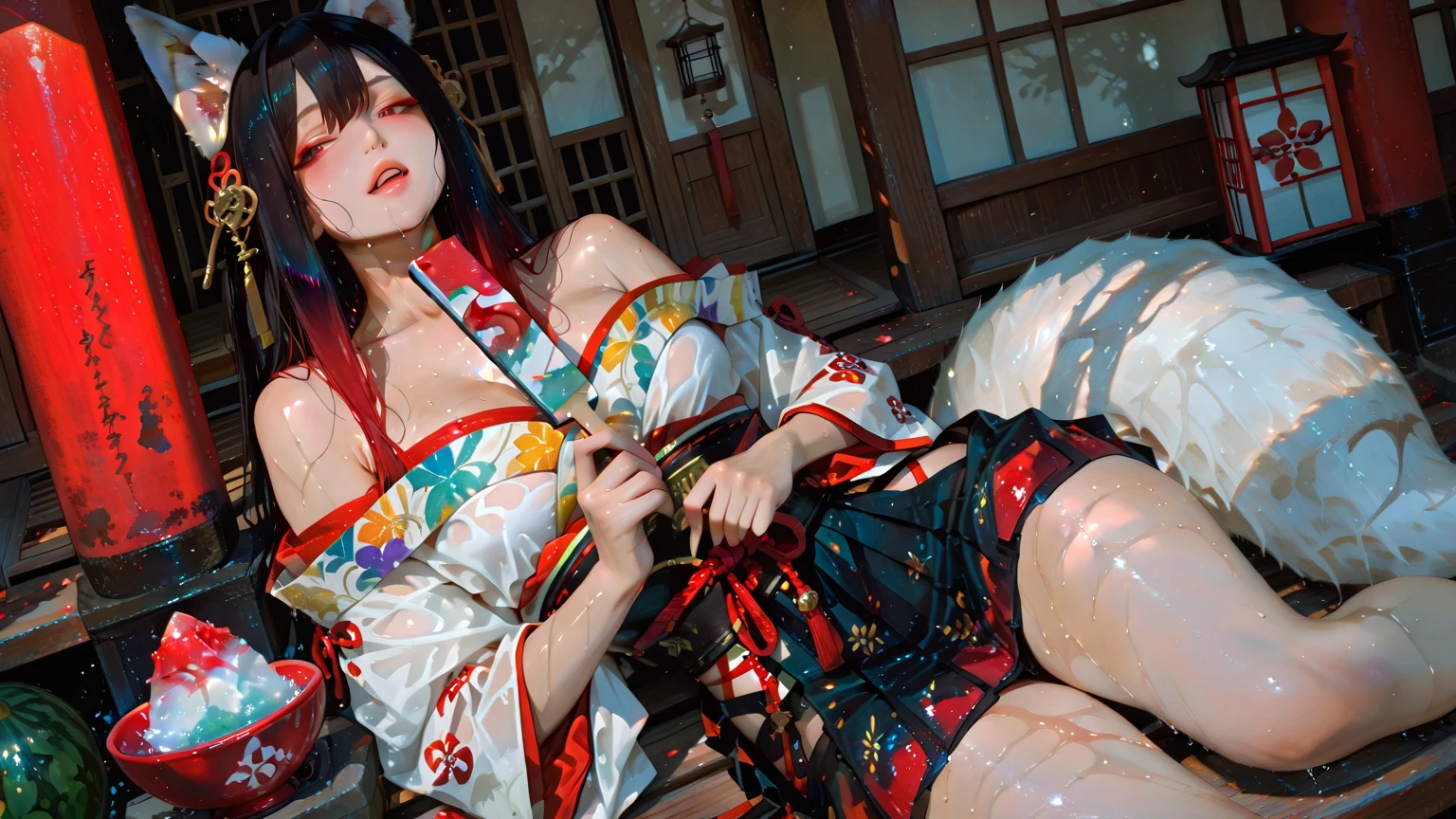 (Fox Girl, Fox Ears, Black colored hair, Fox Makeup, One Girl, Long Hair:1.2), (kimono, Kimono with open chest, A beautiful kimono with red and black patterns, I can see her cleavage, Open chest, Show bare skin, Skin is visible, Exposed skin:1.8), (Body size is 100-70-90!, Nice body, Big Breasts, Soft breasts, Emphasize cleavage, Show off your thighs, Muscular, Abdominal muscles, Grab your own chest:1.4), Avatar, face, lewd face, Dominant representation, naughty face, Uplifting, Skin Texture, outside, Grassy field