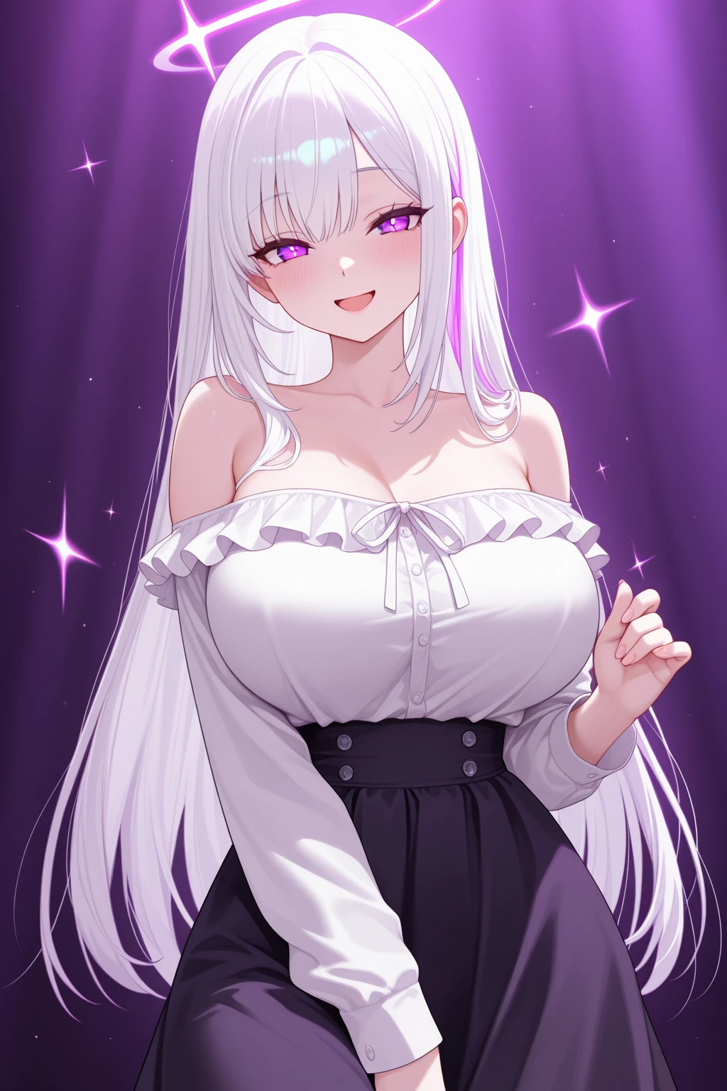 ((Masterpiece, Best quality))++, Detailed light+, Detail hair+, detail hand+ ,1girll, woman, Long hair, Crimson eyes, Beautiful eyes, Young gray hair,,(Beautiful white hair:1.5),(Beautiful detailed eyes), high resolution+, blacksilk , a black skirt, Glass tones, Reflective eyes, ((Halo)), {{Angle}} , extremelydetailedwallpaper, Original, ,