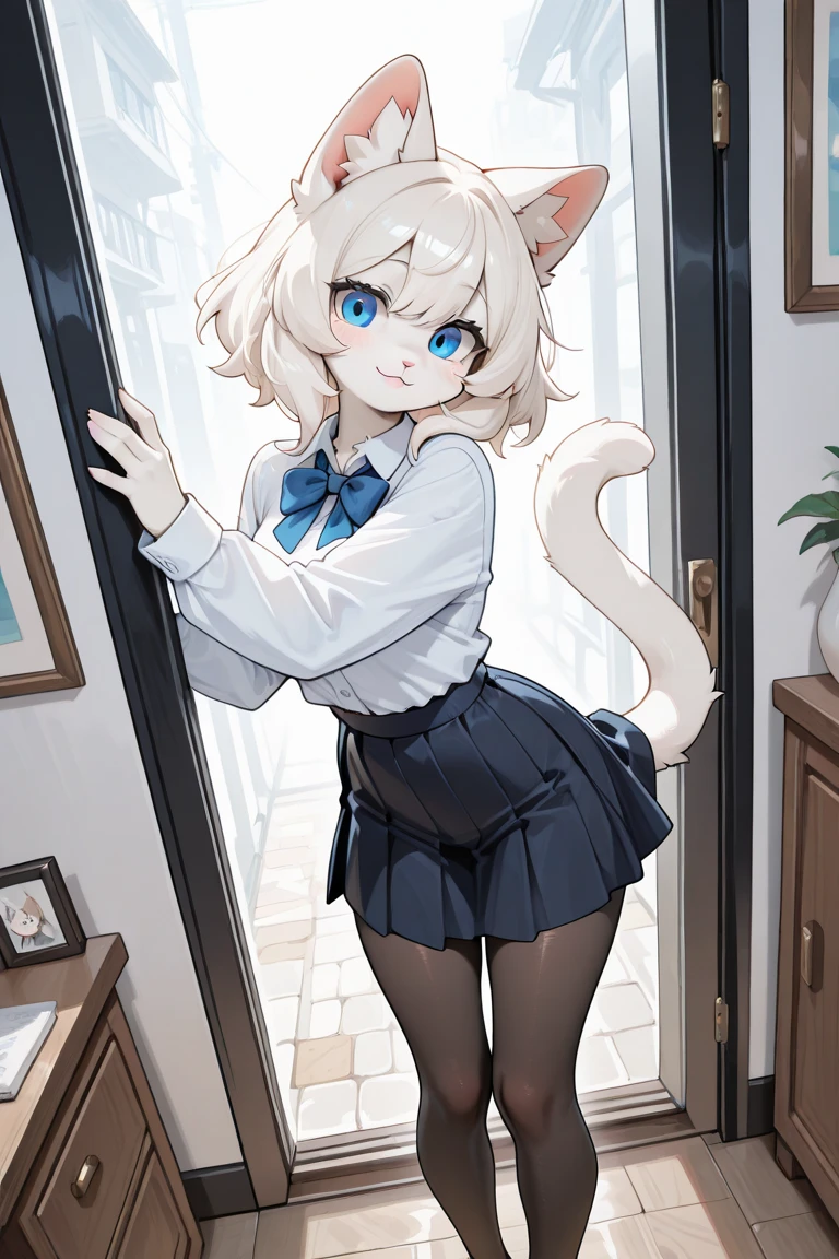 Small slim female kitten with nice big thighs and grey fur and cute green eyes and is wearing a school uniform with a full body mini skirt and is 8 years old.