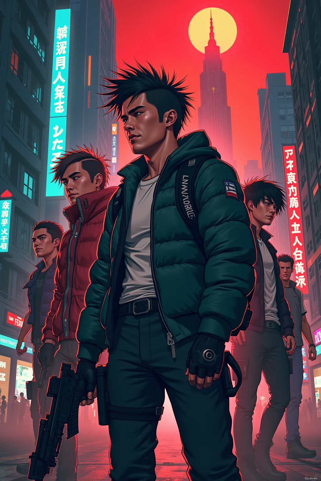 Create a 3D animation depicting three young gangsters with hip hop style. Um deles deve ter um charuto na boca, another holding a glass and the last holding money. Emphasize a dark street scenario, but sharp, with dancing girls admiring them. The scene should convey an atmosphere of gangster power and confidence, with fluid movements and striking facial expressions. Use vibrant colors and neon lights to enhance the ambience of nighttime riches. A IA deve ser capaz de criar uma imagem impactante e cheia de energia, transmitindo o estilo e a atitude dos jovens gangsters do hip hop. estilo Favela Brasil