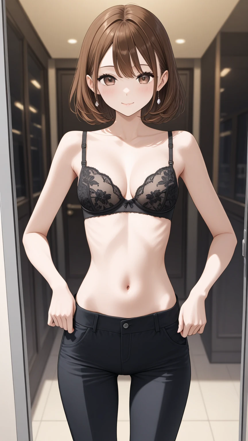 (Color photography), Realistic photos of beautiful Asian people、Slim Abs, (Highlight Haircut B Cup:1.2), Mid-chest, Round shaped breasts, Perfectly shaped breasts, (( )), ((Low-rise pants, Black Bra)), (()), As she poses confidently for the camera, Studio Light, Gray background, whole body, anatomically correct, masterpiece, high details, textured skin, best quality, 8k