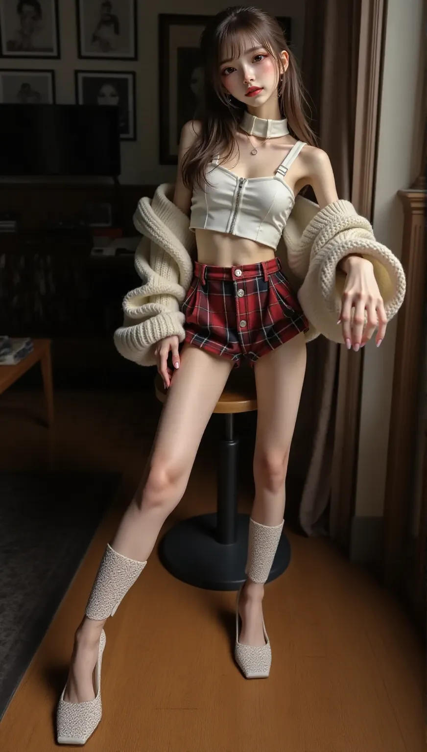masterpiece,highest quality,High resolution,Full Body View,White jacket,Red innerwear,Belly button,Belted denim mini shorts,The heroine in white cowboy boots,Perfect Legs,Perfect Skin,Perfect Arms,Abdominal muscles,The background is an abandoned factory, short hair, naked portrait, nude photography, shiny nipple, show armpit 