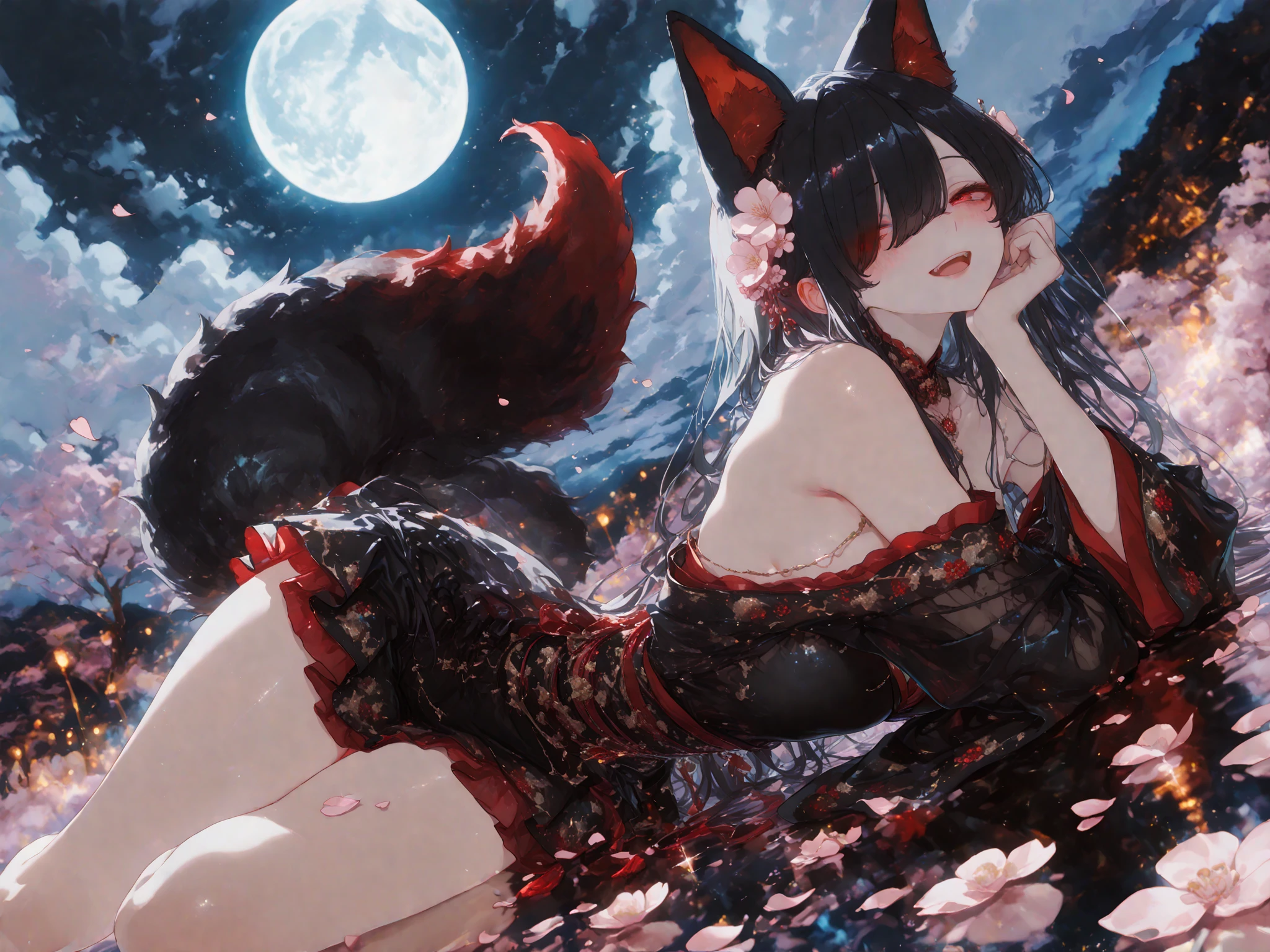 Female fox alone without anyone together, wears a short black maid dress showing her panties, has long black fuzzy hair with red highlights, has red eyes, has big breasts.