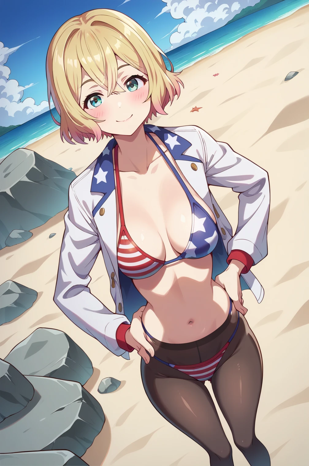 Score_9, score_8_up, score_7_up, source_anime, ikuchan, looking at viewer, American flag bikini, beach, licking lips, biting own lip, hellsing, seras, blue eyes, blonde hair, short hair,