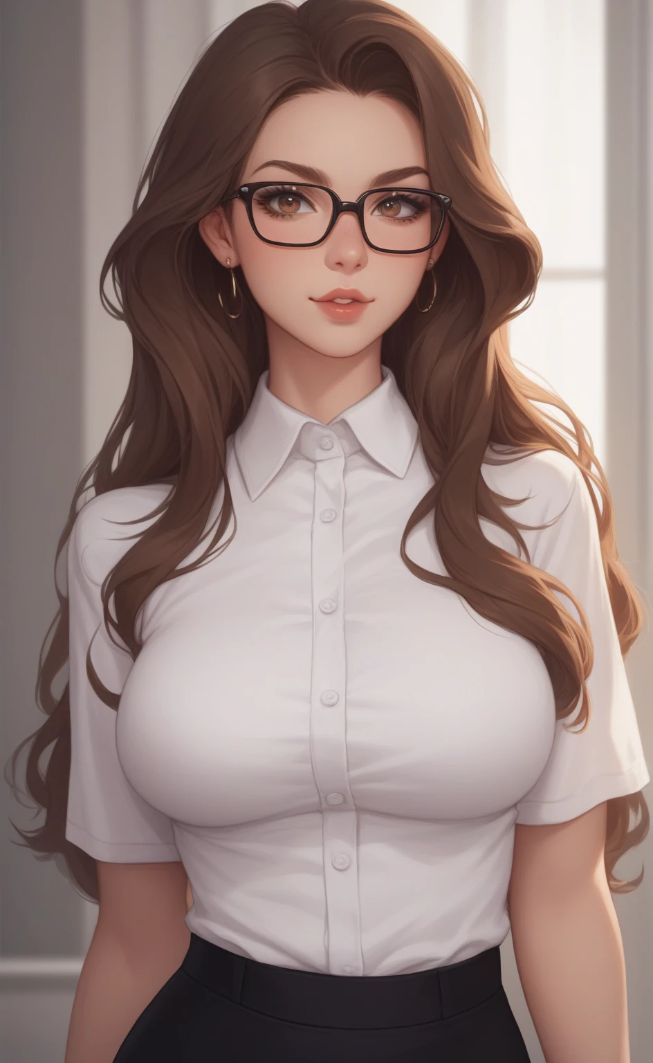 lucy pinder, portrait, face portrait, smiling, red lips, full lips, voluptuous, brown hair, curly hair, glasses, button down blouse, white blouse, belt, long jeans