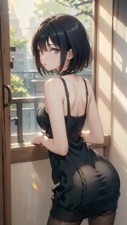 (a)girl with a black-headed appearance, wearing sexy(black) underwear, black high heels, and black stockings, sitting on a traditional Japanese classic room [black-headed:1.1, blue dashes]. The view outside the window is of a misty mountain, surrounded by misty sakura trees [view from a misty mountain, view from a (misty) sakura trees]. The image should have the best quality, be ultra-detailed, and realistic [best quality, 4k, 8k, highres, masterpiece:1.2, ultra-detailed, (realistic, photorealistic, photo-realistic:1.37)]. The artwork should have a portrait-style artistry with vivid colors and professional lighting [portraits, professional, vivid colors, studio lighting]. The overall color tone should be black and the lighting should create a mysterious atmosphere [black color tone, mysterious lighting]. with medium sized boobs