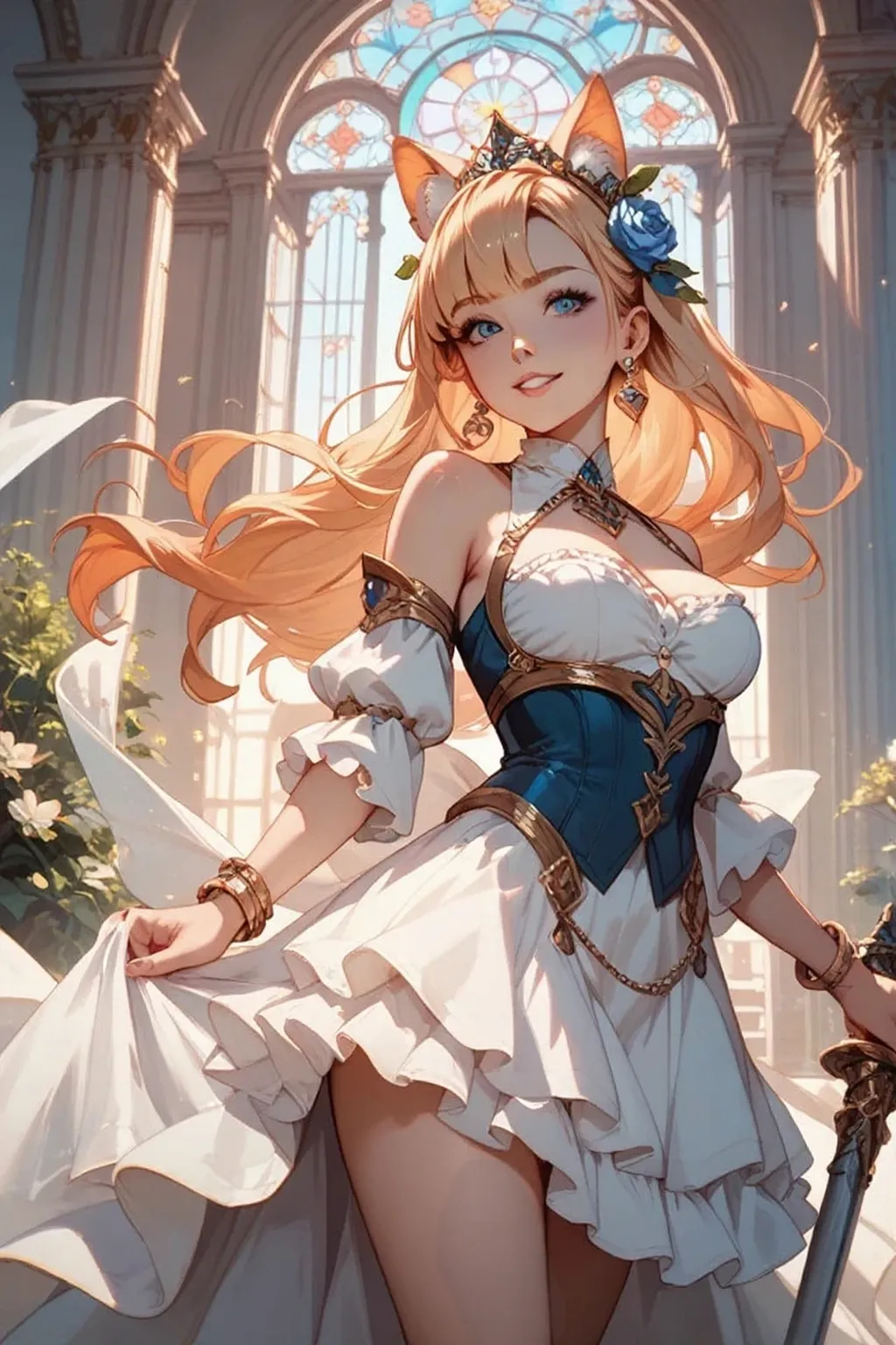 Masterpiece, Best Quality, Official Art, (Highly Detailed CG Unity 8k wallpaper), Detailed background, (Hands by Guido Daniele: 1.1), Feet out of frame, First Person View, 1, Beautiful woman who is attractive and perfect, Blessing Woman, (Curvaceous), (Standing), (((Outstretched hand: 1.4, Upturned palm: 1.14)))), ((Goddess: 1.4, Beautiful Angel: 1.4, Big Angel Wings))), (Bridal Gauntlet, Gorgeous Pure White Dress, Pure White Large Skirt, Gold Ornaments, Bridal Garter, Bridal Legwear, White Thighs: 1.12), (Blonde Long Hair: 1.12), (Ahoge: 1.13), (High Ponytail: 1.12), (Green Eyes: 1.13), Look at the Beholder, Big, (cleavage), Beautiful Face, (Blush : 1.11), (Smile: 1.11), Outdoors, in the back, castle, church, (sunlight shining through stained glass), (Flower garden, countless petals, beautiful flower decorations), (((Bouquet of blessings: 1.4, Blessing bell, luxurious blessing venue, beautiful white bird is flying))), cheers, joy