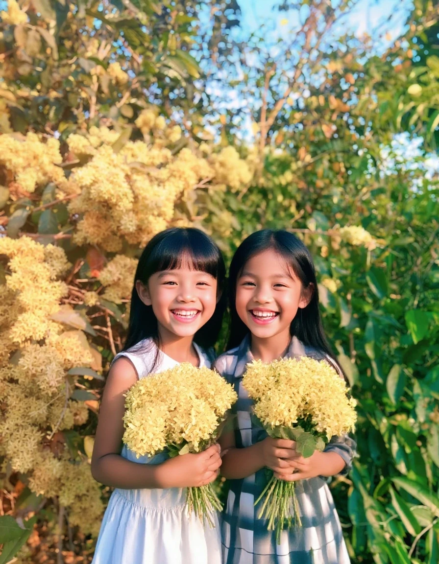 8K, beautiful elementary school girl, 10 year old super beautiful girl、lovely smile, black hair, detailed beautiful face, White camisole, sunflower field, very strong wind, Decolletage, sitting on the buttocks
