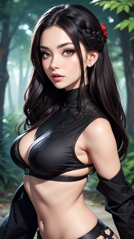 Mulher.cabelo preto.olhos castanhos.vestido preto.2 katanas 