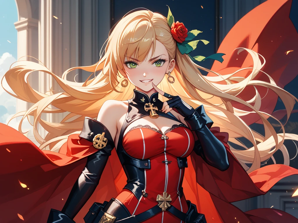 High quality, HD, 4k, Beautiful girl, teenager, blonde hair, gold hair, red eyes, medium breast, red dress, black leather uniform