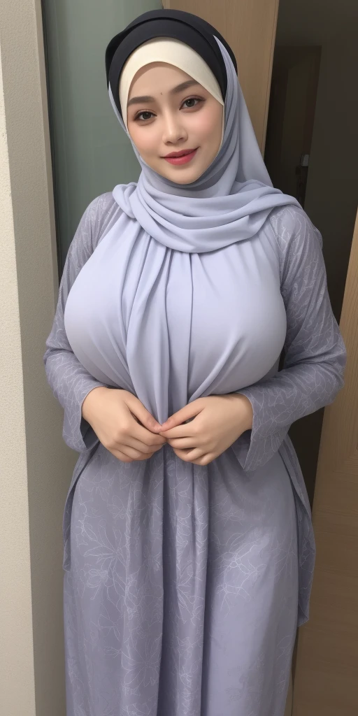  a beautiful young woman hijab, (((super big breast))), (very big breast covered) perfect face, (((very huge big breast,))), curvy shaped body, 
cleavages,((( Gigantic Breast))) long dress muslim, (((covering mouth, long veil))), ((Big big breasts))、large open neckline, Slim Face、20 years old, stil young, Pretty Lady,  smile eyes, bedroom, sitting, (big breast covered) , see full image