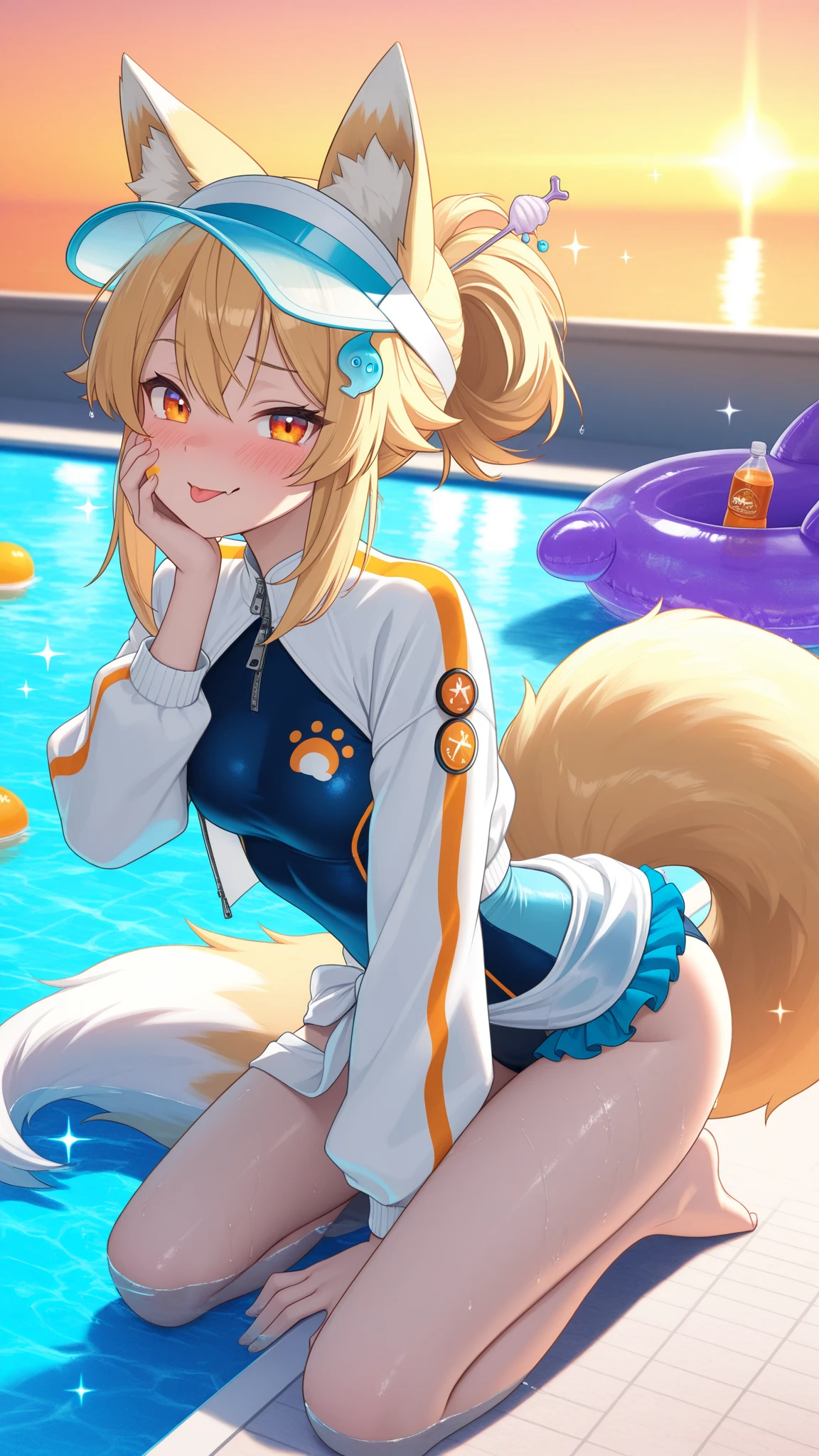 Picture quality 4K,High light ratio(1:3),Traditional Chinese painting,teens girl,Beast Girl,chiquita,long whitr hair,Flat bangs,Brownish-yellow hair,White-skinned,There are cat ears,Green eyes,swim wears(比基尼),Clothes blue and white,expressioness:having fun,action:Want to be hugged and make cat movements,teens girl,Background with:In the pool,state:Get wet,A female character,Has a cat's tail(Brownish yellow),