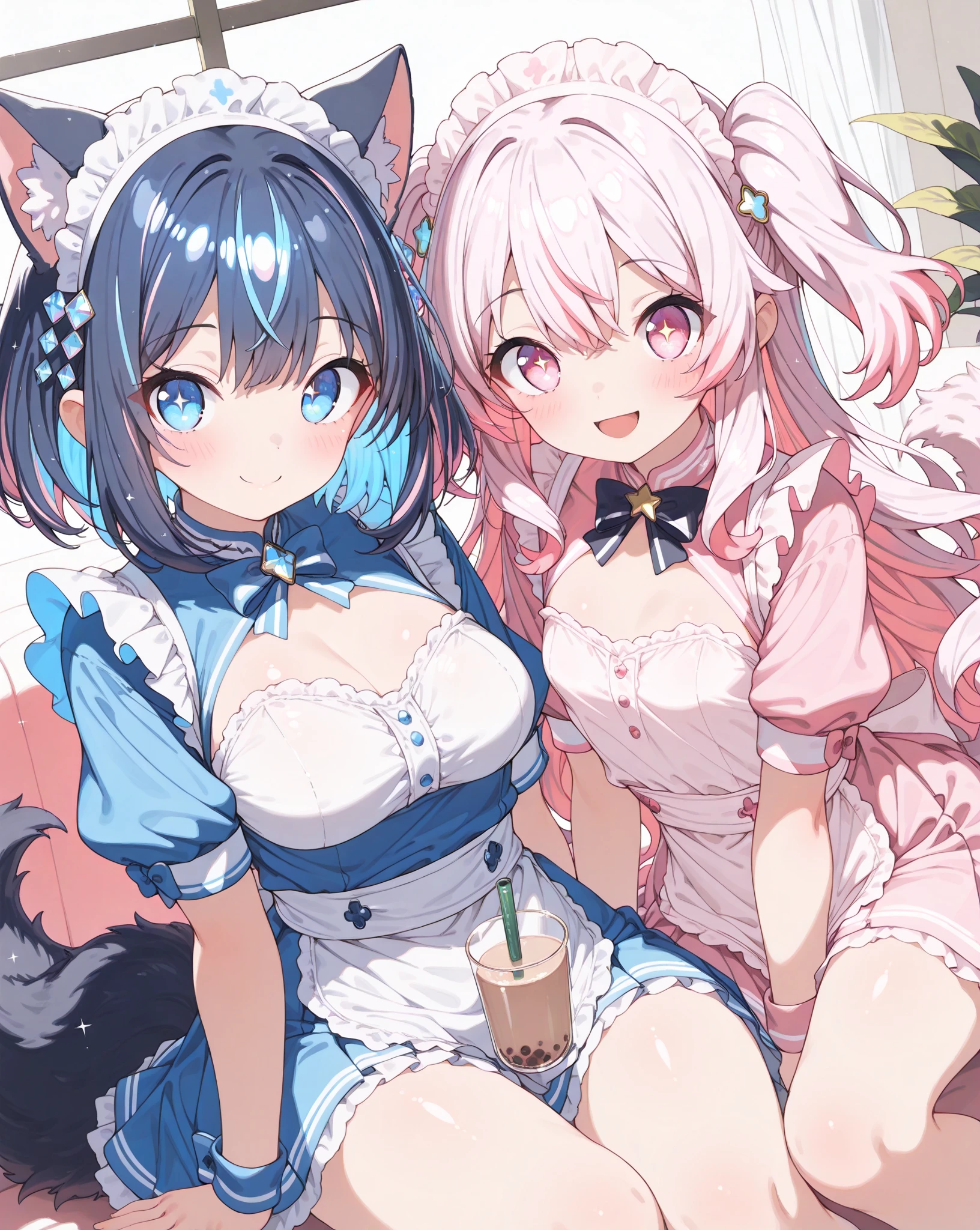 Two big  woman，Beautiful woman，Cat，Magical girl，(Double)，Western Fantasy，Lolita skirt，translucent，Exquisite，Smooth underbust，Cleavage，Slim waist，Perfect long legs，(Blush:1.2)，Sitting，Fan meetup，