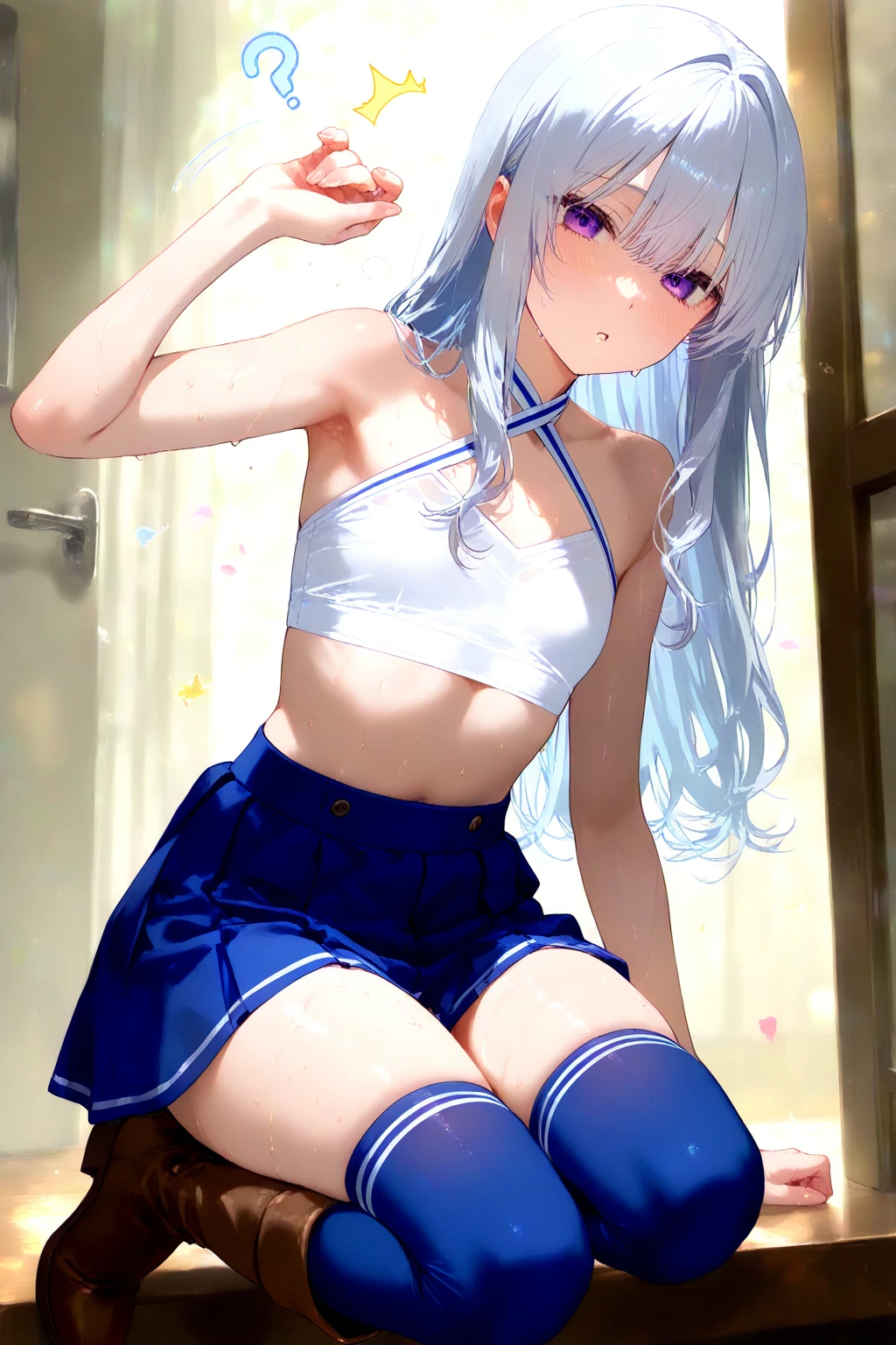 Cornflower art, dreamy, (masterpiece, top quality, perfect anatomy, beautiful face, realistic, super detailed, 1 girl, 18 ears senile, solo, depth of field, canon 24mm lens, f1.4, cute_girl, sailor_ collar, clear facial features, short sleeves, small breasts, slender height, height 150cm, barefoot, double ponytail, bangs, gravure pose, indoor, slouch, Chest gap jungle, blurred background, (Uwabaki: 1.1576)) whole body, clear liquid dripping from the crotch, the front of the shirt is exposed, breasts are visible, transparent bra, light blue striped buns, erotic, , NSFW movie, hentai,
