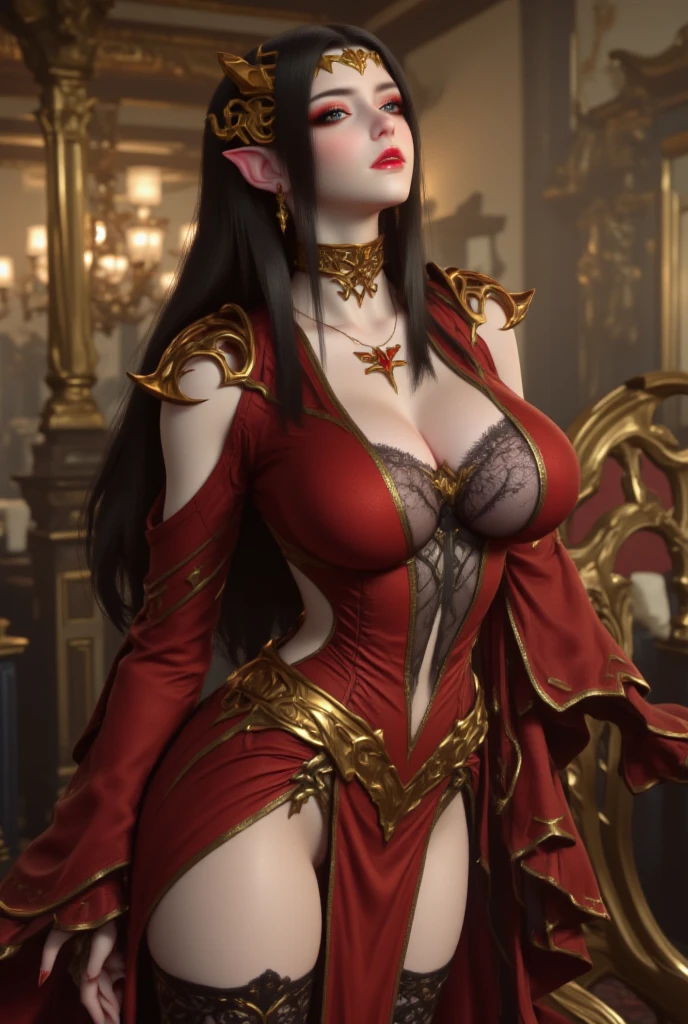 Describe a scene where a female vampire from the Tremere clan, with aristocratic features and mesmerizing eyes, is to seduce someone in a dark and mysterious environment. She is dressed in elegant clothes and displays an aura of power and mystery.... Your gaze is penetrating and seductive, as she uses her manipulation skills to lure the victim closer, involving her in a dangerous game of desire and fascination. The atmosphere around you is charged with tension and excitement., with shadows dancing around, further enhancing the atmosphere of seduction and mystery, wearing red lingerie, nsfw, high heel boots 