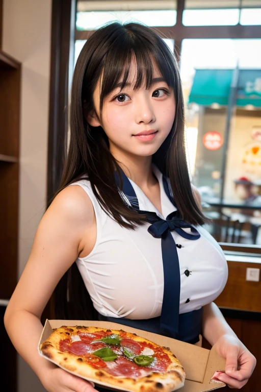 1 Japanese girl,(School uniform with no fabric on the chest area:1.4), (Clothes with only the chest area open),(Raw photo, highest quality), (realistic, Photoreal:1.4), table top, very delicate and beautiful, very detailed, 8k wallpaper, wonderful, finely, very detailedCGの統一性, High resolution, soft light, Beautiful detailed 19 year old, very detailed目と顔, beautifully detailed nose, detailed and beautiful eyes,shortcut、cinematic lighting,night city lights,perfect anatomy,very big breasts、slender body,smile (hair is dirty, asymmetrical bangs, light brown hair,)、(((exposing one's chest)))、(((exposing nipples)))、(((She is holding a tray with both hands and placing her big breasts on it.)))、platter,
