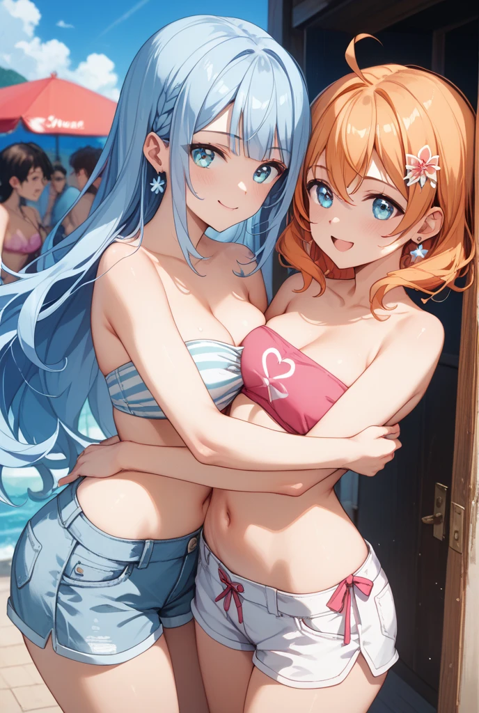 (masterpiece,Realistic)、(2girls、yuri),(happy smile:1.3),(cute face:1.5),(tareme:1.3),(white hair pink hair gradient :1.3),(blue eyes,red eyes)、(kind eyes:1.3)、(stand),(short hair,long hair),(face focus:1.3,cowboy shot),(white striped bikini:1.3)、(small breasts,large breasts),(midsummer beach:1.3)、(hairpin:1.5)