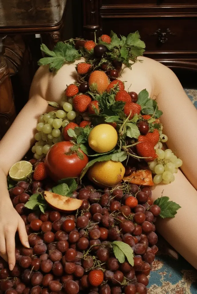 vscore_9, score_8_top, score_7_top, score_6_top, score_5_top, very beautiful naked woman, (knees bent and thighs raised with legs spread wide: 1.5 ), (lying on her back: 1.6), covered in whipped cream (all body decorated with sliced fruit, banana on crotch, strawberry on nipples, breasts, nipples and vagina covered generously with whipped cream to hide nipples and vagina: 1.9), (cowboy shot:1.5, shot from above, close-up:1.6 )、 (anatomically correct body structure), incredibly detailed, highly detailed face, highly detailed lying body, smiling face, luscious lips, piercing eyes, perfect skin, slim waist, large breasts, dramatic lighting, glossy finish, natural colors, cinematic composition, elegant, sensual and erotic