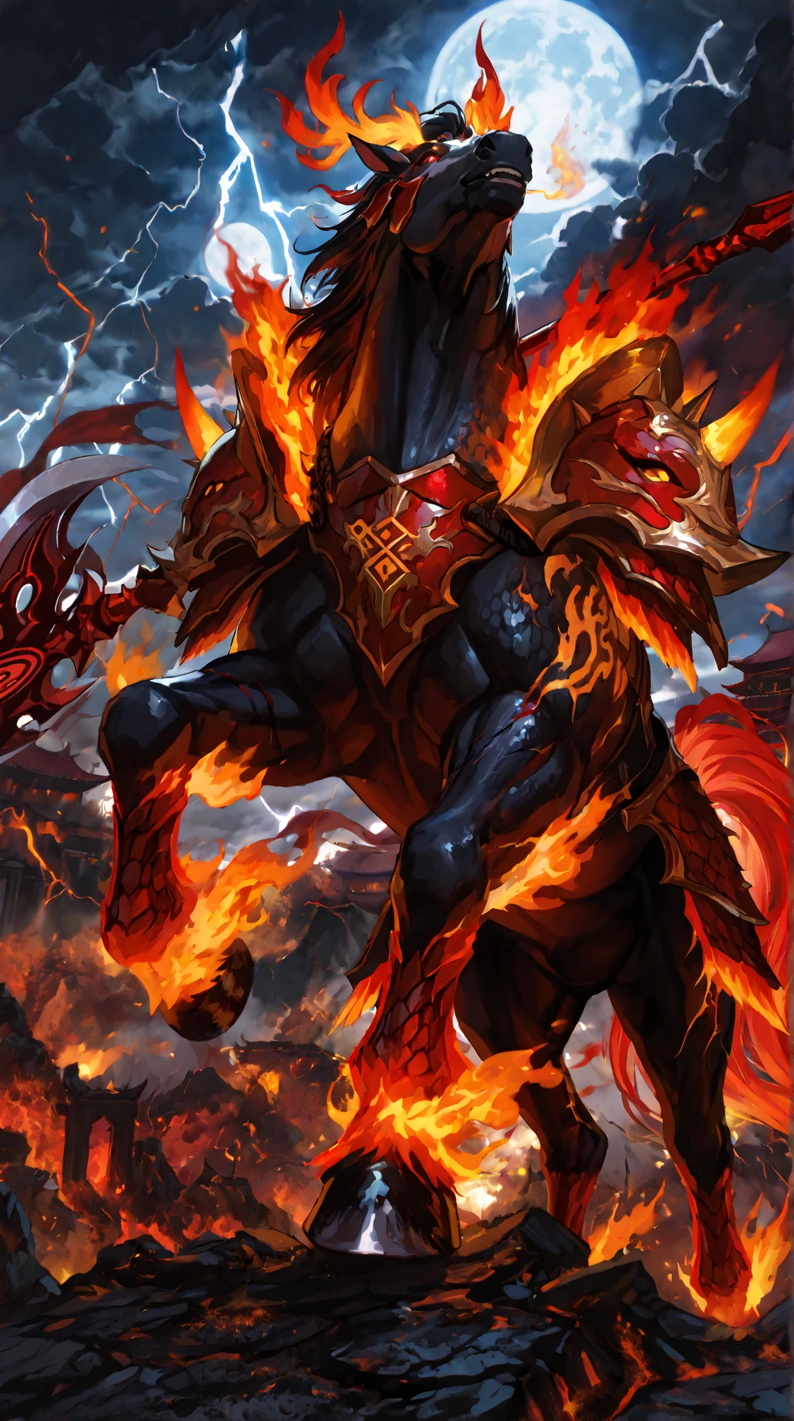 Mysterious Dragon, legendary Dragon King king, Shock sensation, Big and strong, hiten, dutch_angle, Fighting stance, transformed body, mature, smirk, red dragon eye, fang, Dragon pattern, Tyrannical, Burning sky, fighting, hair with body, very precise detailed, very fine 8K CG wallpaper, absurdres,