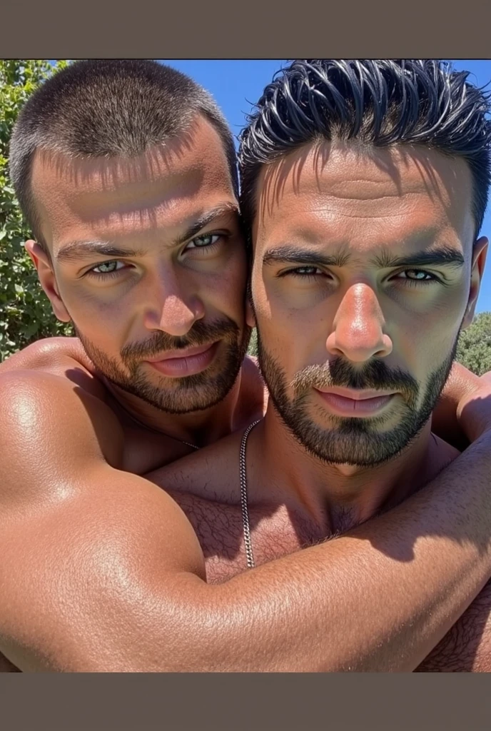Dois homens brasileiros se beijando na praia. Fundo coqueiros, ceu azul.