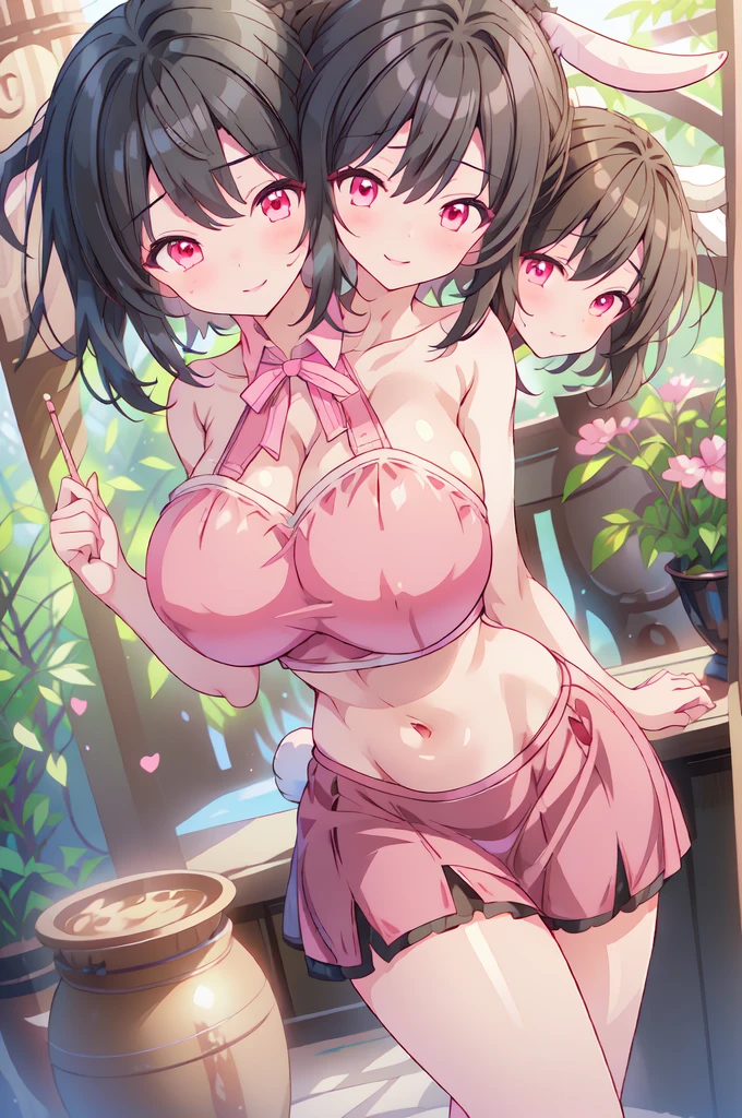 (masterpiece, best quality),best quality, (ultra-detailed), (3heads:1.5), 1girl, (inaba tewi:1.3), masterpiece, best quality, ultra quality, ultra resolution, ultra detail, pink top, crop top, ((stomach)), midriff, ((groin)), pink skirt, normal ears, shackles, black hair, very long hair, wavy hair, sidelocks, red eyes, parted lips, rabbit girl, sweat, cute, toned belly, hand on own chest, eyelashes, (23 year old woman:1.3), (masterpiece:1.5), (best quality:1.5), (beautiful detailed), extremely detailed CG, extremely delicate and beautiful, depth of field, (finely detailed face), (perfect details:1.2), (mature female:1.3), wide pelvis, slender, large veiny breast, 16k resolution, highres, very high quality, very high definition, extremely detailed, masterpiece, black hair, long hair, alluring presence, braid, short skirt, close up, big tits, young, rabbit ears,