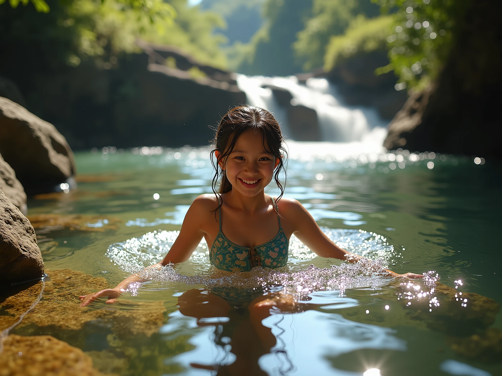 Prompt:
A girl swimming joyfully in a jungle river near Aberdeen Falls, water sparkling under sunlight, rocks and greenery all around, feeling of freedom and nature, cinematic lighting, vibrant colours, detailed body, photorealistic, 16k, intricate details, masterpiece