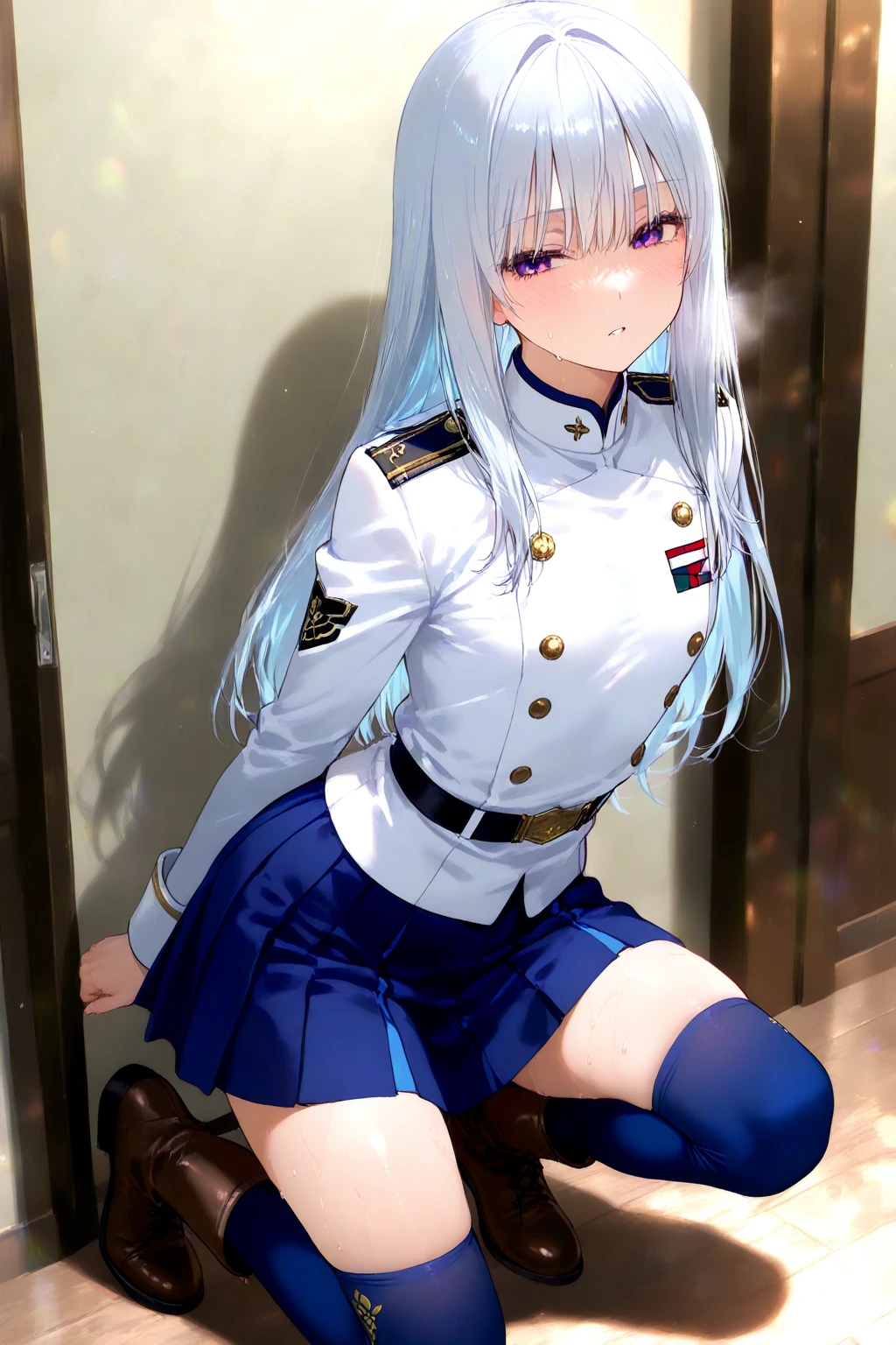 (masterpiece: 1.3), (Maximum resolution: 1.2), (Ultra HD TV: 1.2), Cinematic Light, 8K resolution, Detailed facial features , (Sharp focus: 1.2),Perfect Style, Beautiful Face, Acura, Anatomically correct, Highly detailed face and skin quality感, Beautiful Eyes,ThroughkBright Eyes, Natural Cheeks, Glowing Skin, (Glossy Lips: 1.4),、 (A 恥ful expression: 1.2),Highly detailed face and skin quality, Natural Cheeks, , Glossy Lips,Exposed cleavage、(White mucus on chest:1.6)(White mucus on thighs:1.6)、Please open your knees、joy、Spread your legs、、Sparkly little earrings and necklace、Disheveled clothes、stockings、Drenched in sweat、stockings , Clean woman,1 person、 Military vehicle cabin、blonde、Blonde、Blue-gray eyes、Green-gray eyes,(Miniskirt military uniform:1.4)、A small face with a mature model-like figure、dissatisfaction、Masturbate、Soft Breasts、Healthy legs、Bare thighs、Provocative pose、Grab the hem of your skirt、nude crotch,nude legs,nude hip、()Lying on your back:1.4)