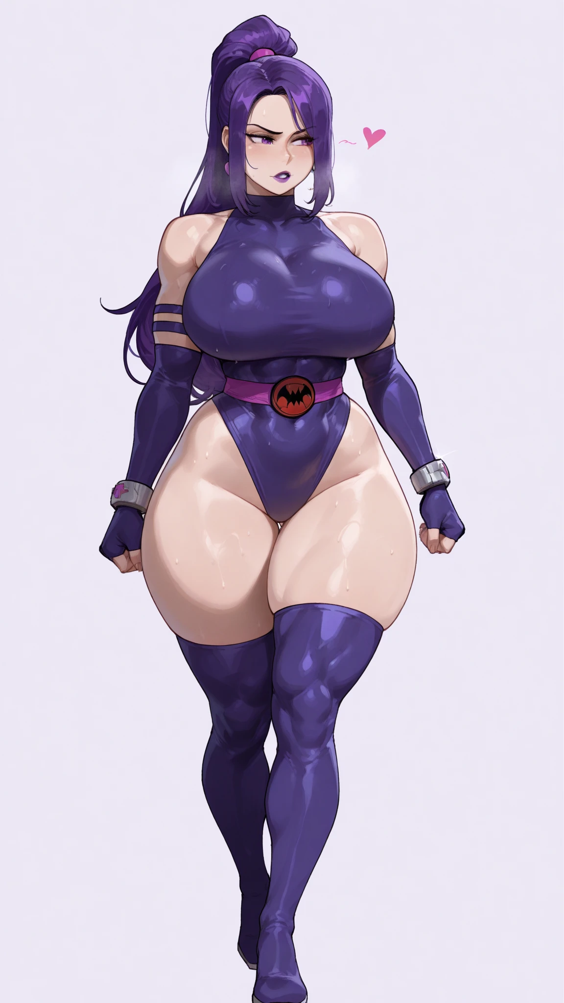 Midnight from my Hero academia, she has huge breasts, thick thighs and wide hips, midnight is wearing a dollsuit that shows off her curves, midnight has been hypnotised by a villain, her eyes resemble spirals, midnight stands stiffly at attention, the image is in breathtaking 16k and hyper detailed, the image features platform heels, the image is hyper realistic and detailed