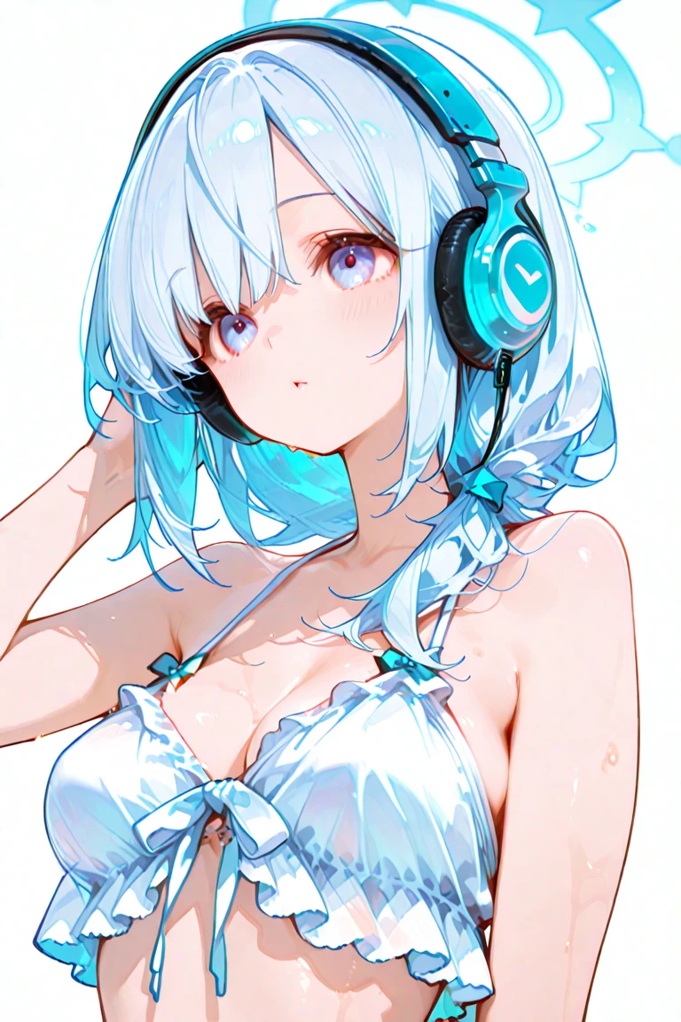 ((Top Quality)), ((Masterpiece)), ((Detail)), Perfect face, Perfact bodty, sitting on the swmming pool, listening to music, wearing headphones, wearing swimsuits, swimsuits are transparent, legs open Sitting wide open, wearing tight clothing (yes, buttocks and breasts are exposed). I see a face, one women